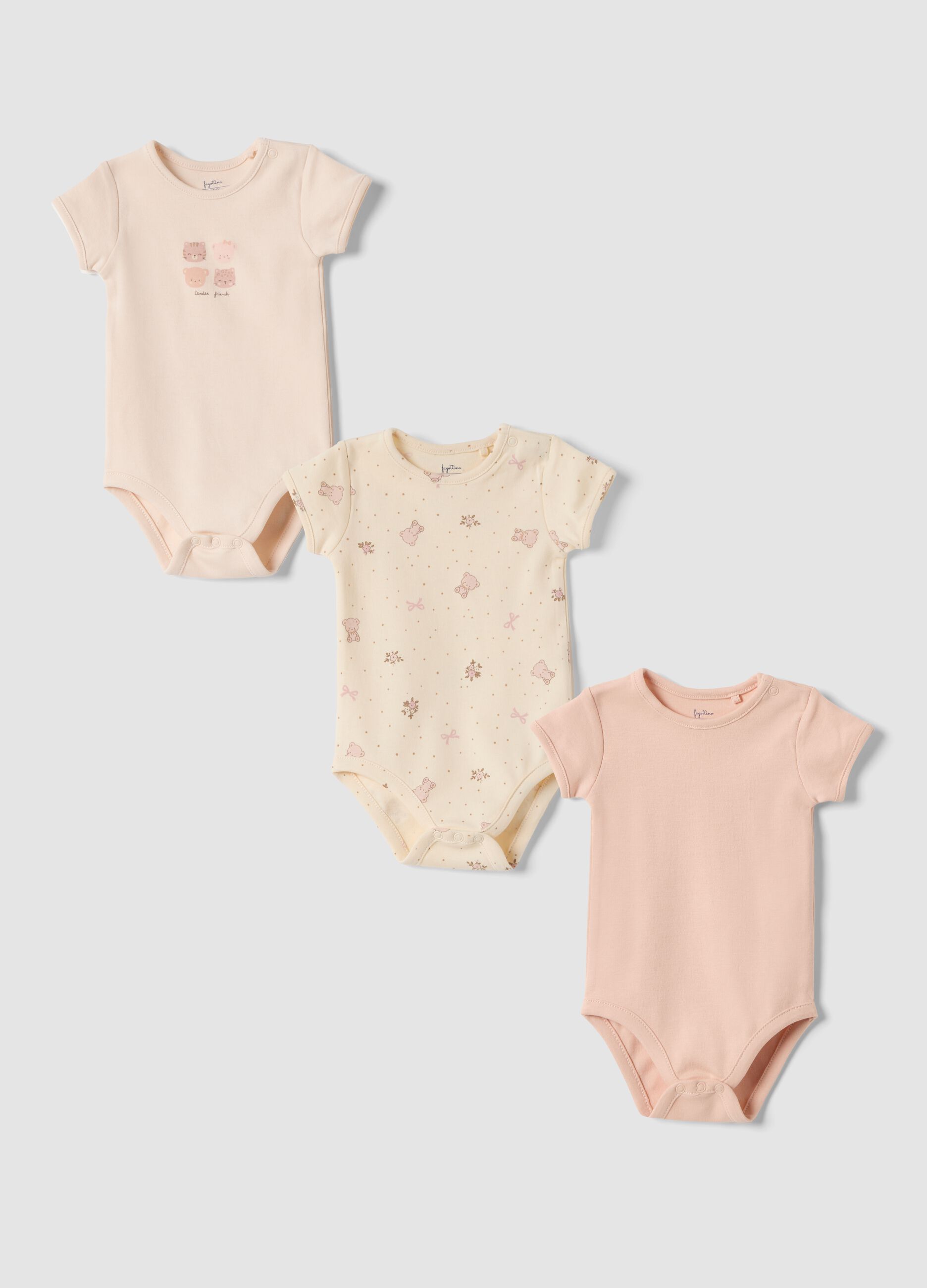 Tripack body rosa e beige in puro cotone organico con fantasia