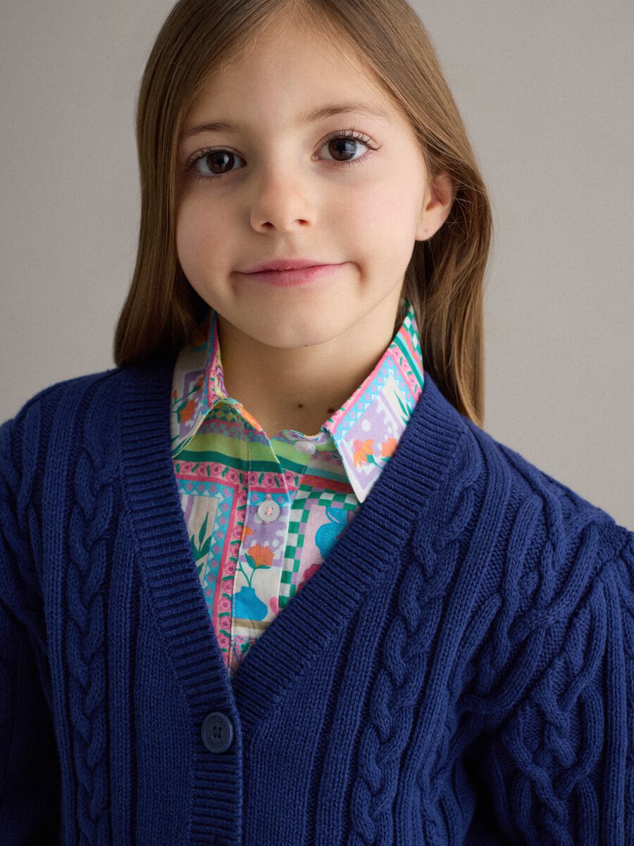 Girls' regular fit deep V blue pure cotton braided cardigan_2