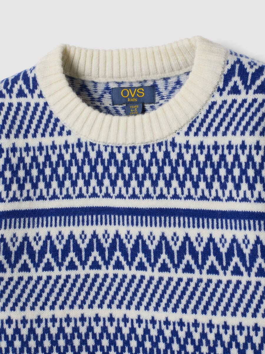 Ivory and royal blue jacquard crew-neck jumper, regular fit_2