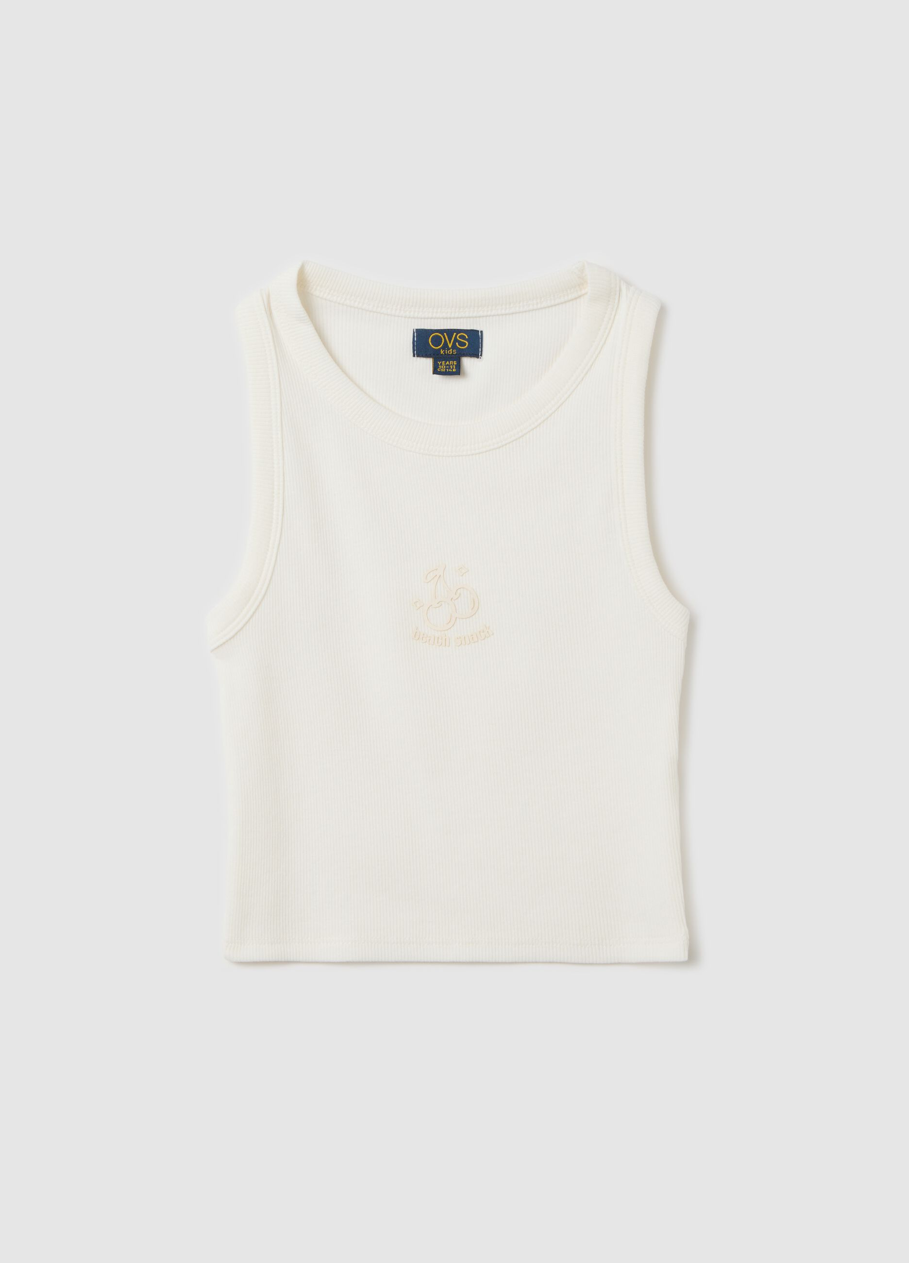 White ribbed stretch cotton tank top with print