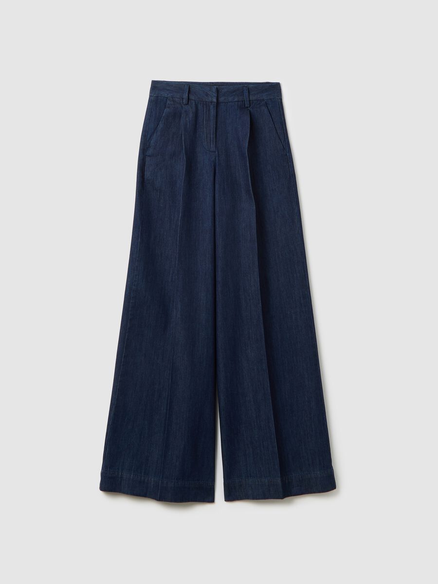 Women's blue regular fit pure cotton palazzo trousers_4