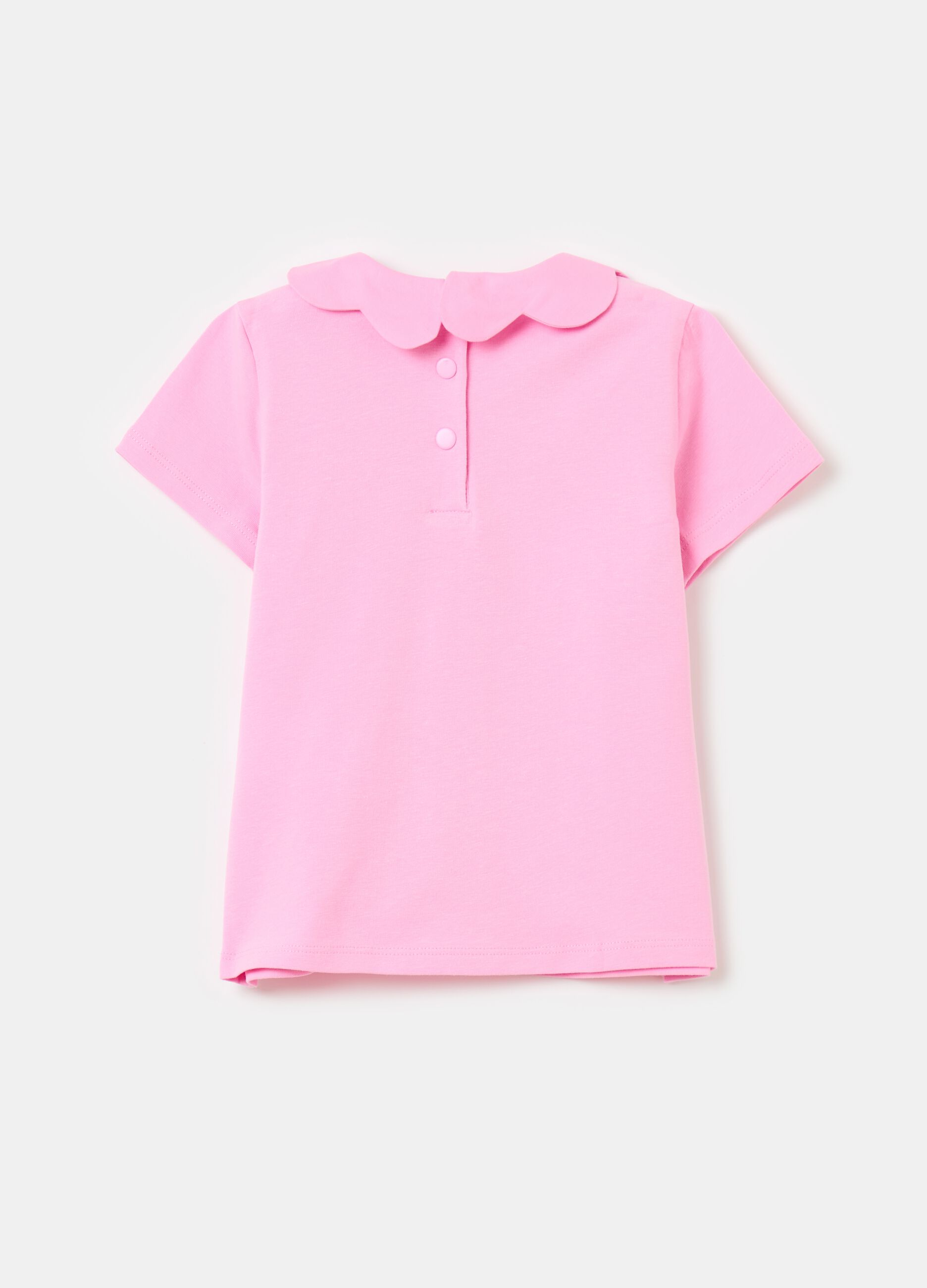 Stretch cotton T-shirt with flower collar