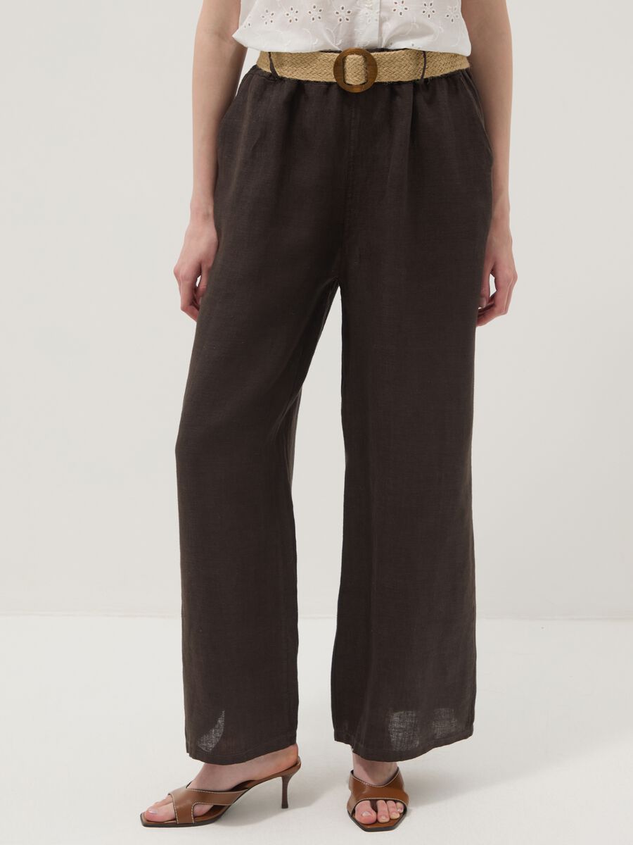 Pantaloni marroni in puro lino a gamba larga e vita elasticizzata_1