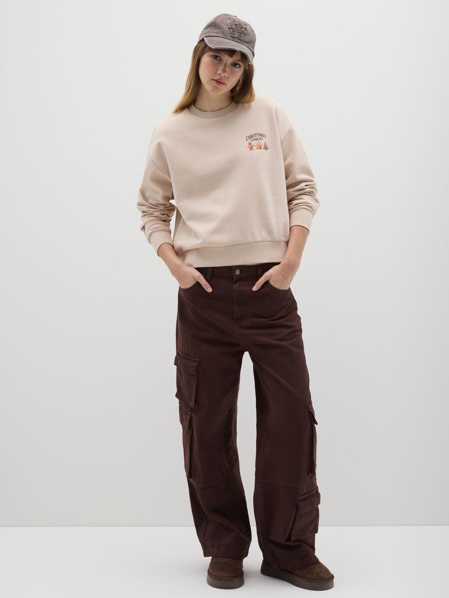 Beige cotton blend regular fit sweatshirt with festive print_1
