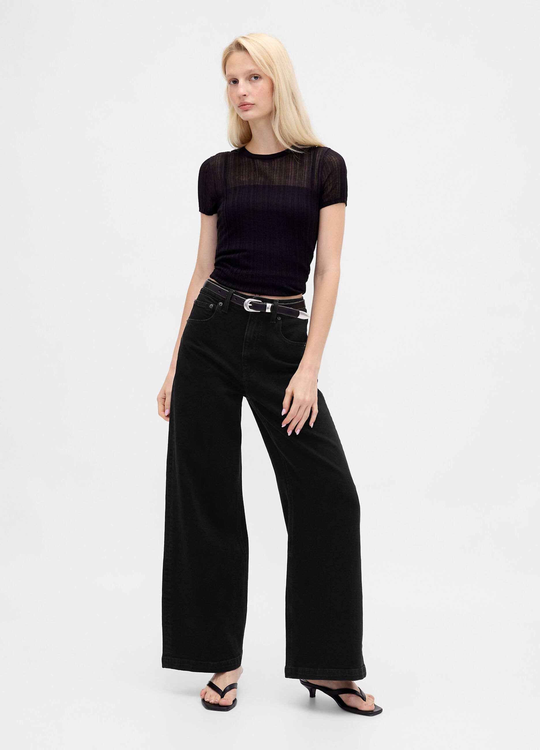 Black wide leg stretch cotton trousers