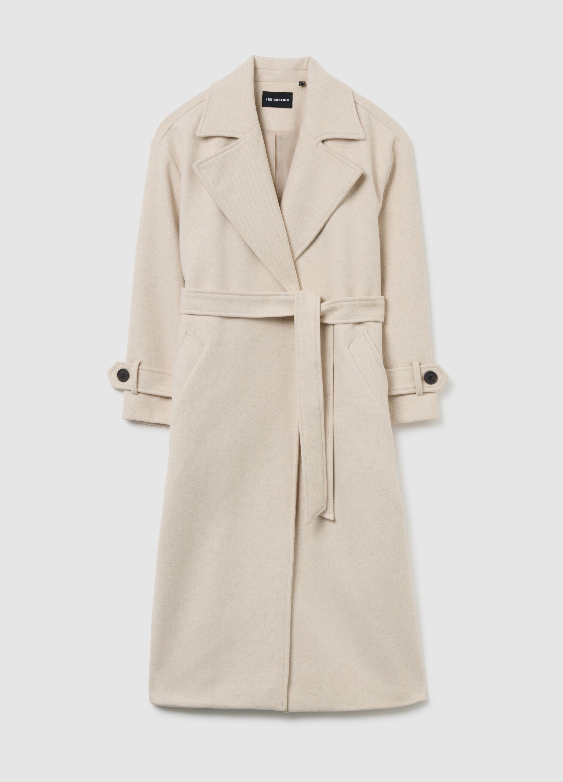 Beige wool blend coat with belt