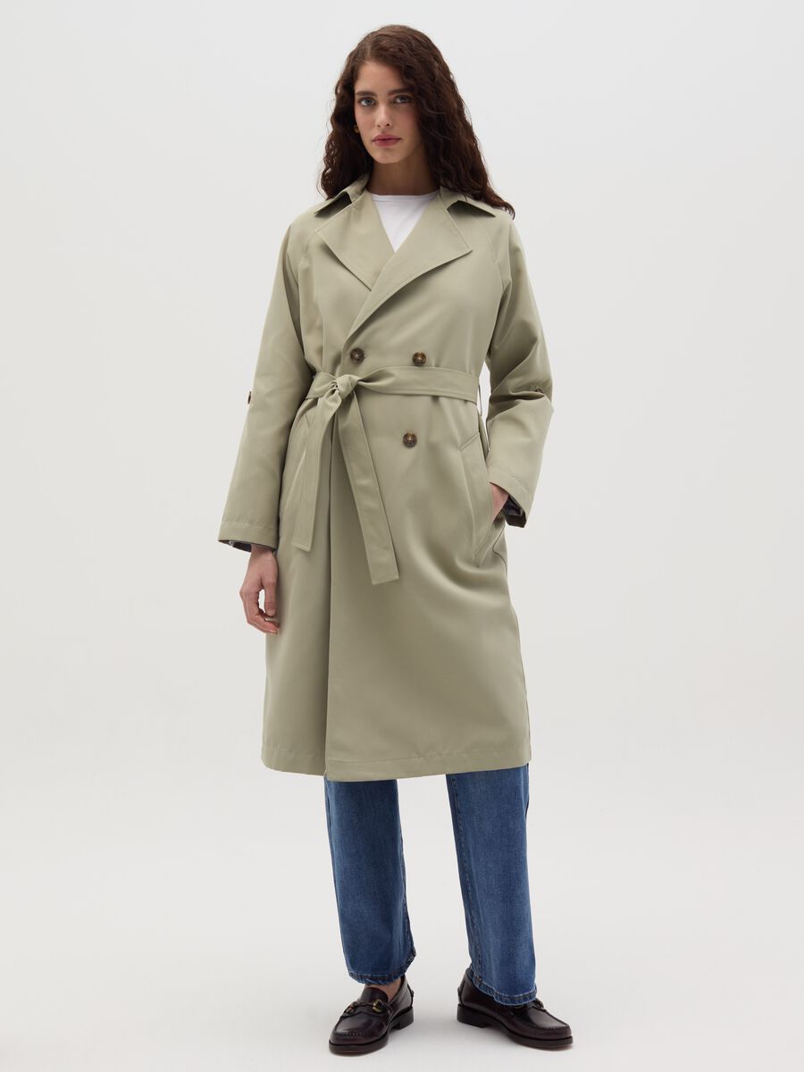 Double-breasted trench coat with buttons and belt_0