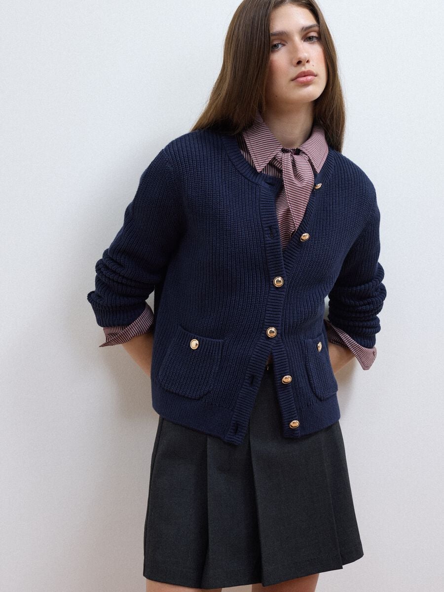 Blue pure cotton crew-neck knit cardigan_0