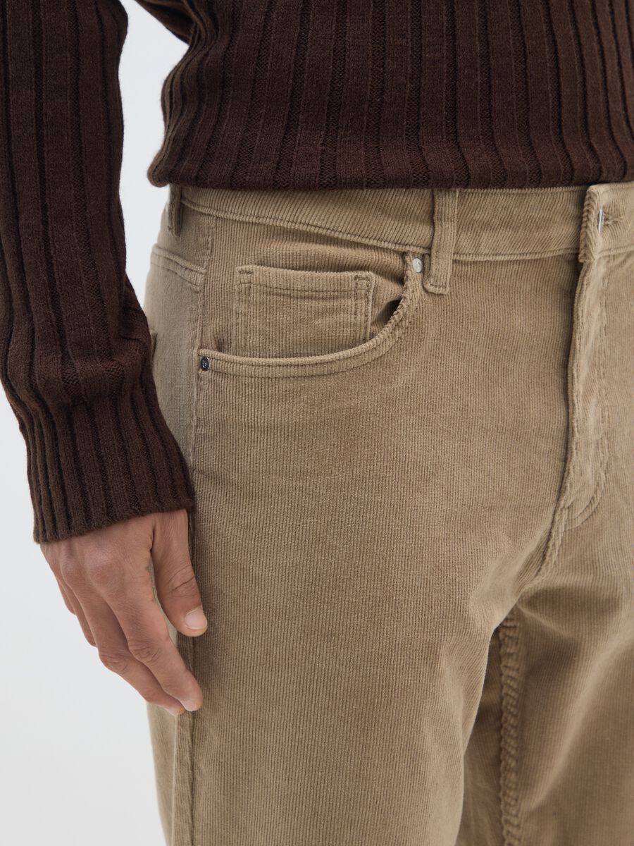 Beige stretch cotton ribbed slim fit trousers_3