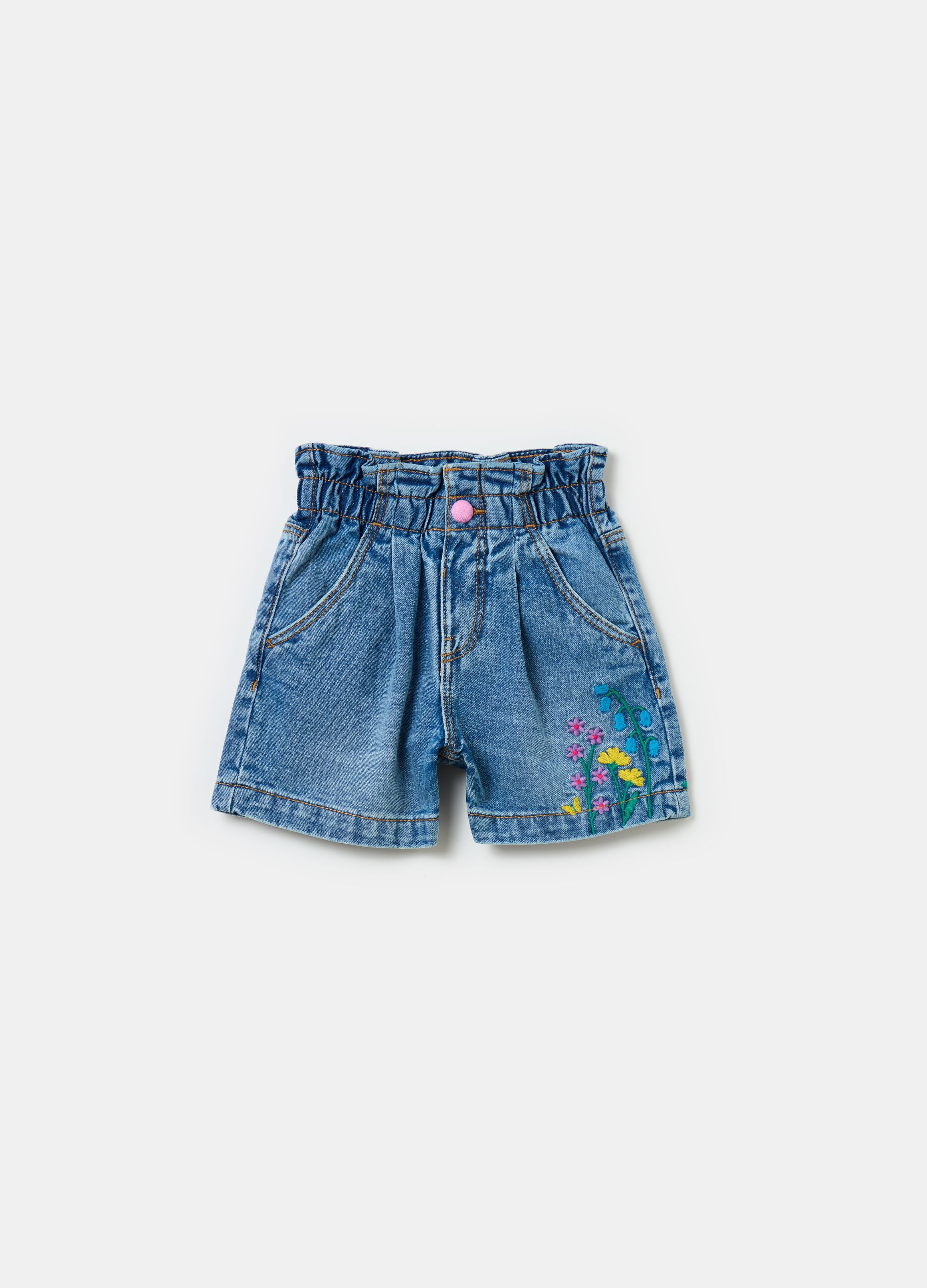 Shorts paper bag in denim con ricamo