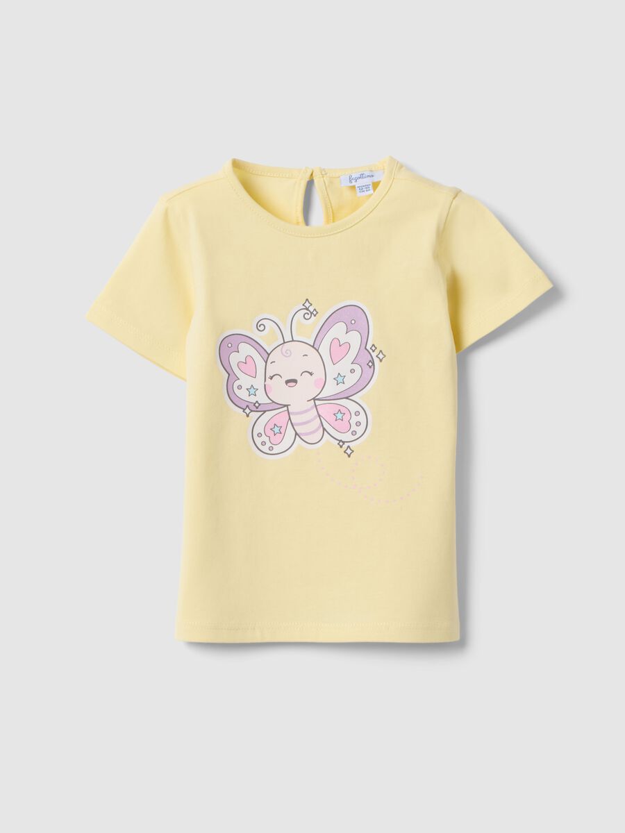 Girls' regular fit yellow cotton T-shirt with butterfly_0