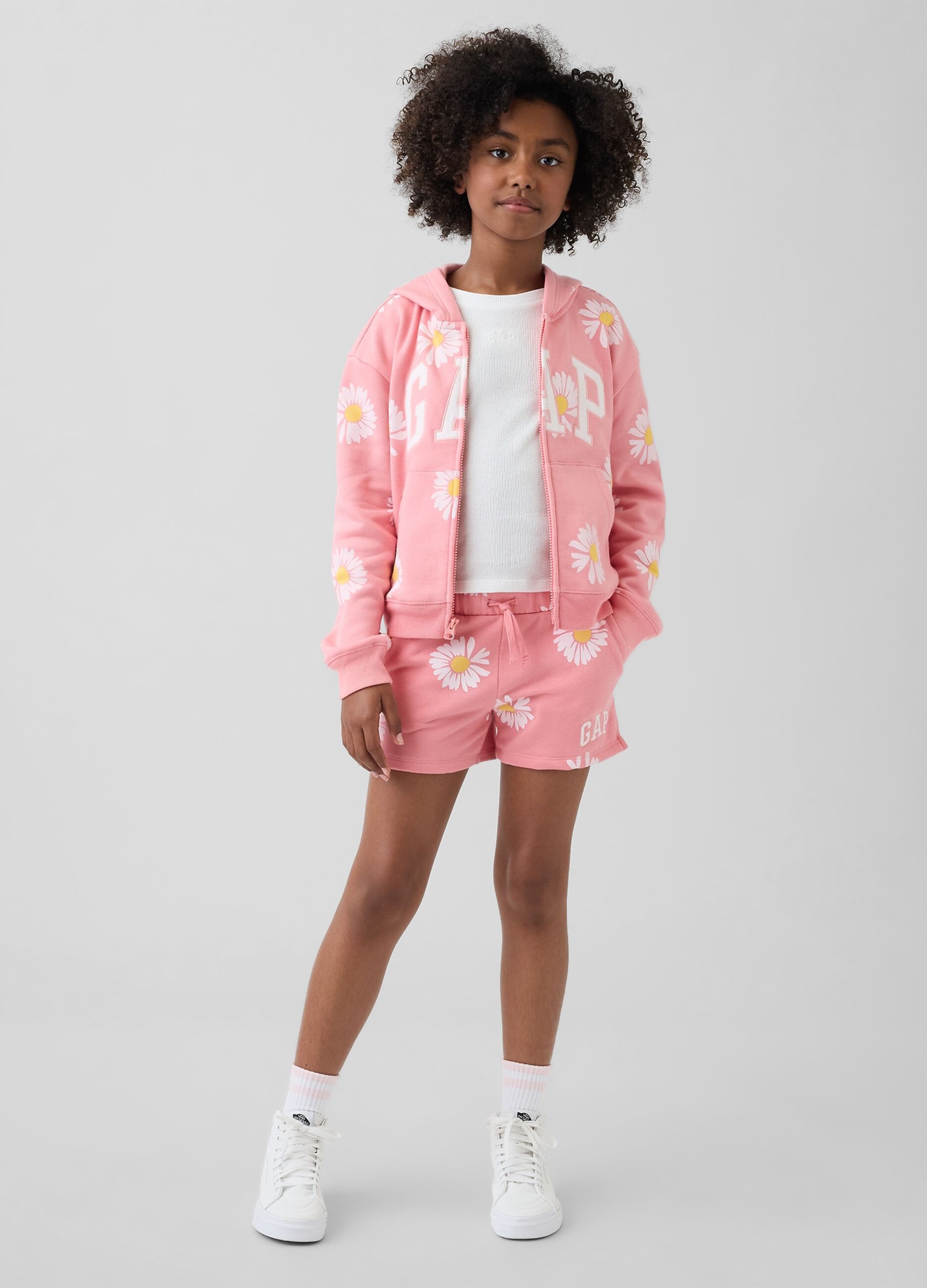 Girls' pink cotton blend shorts with daisies