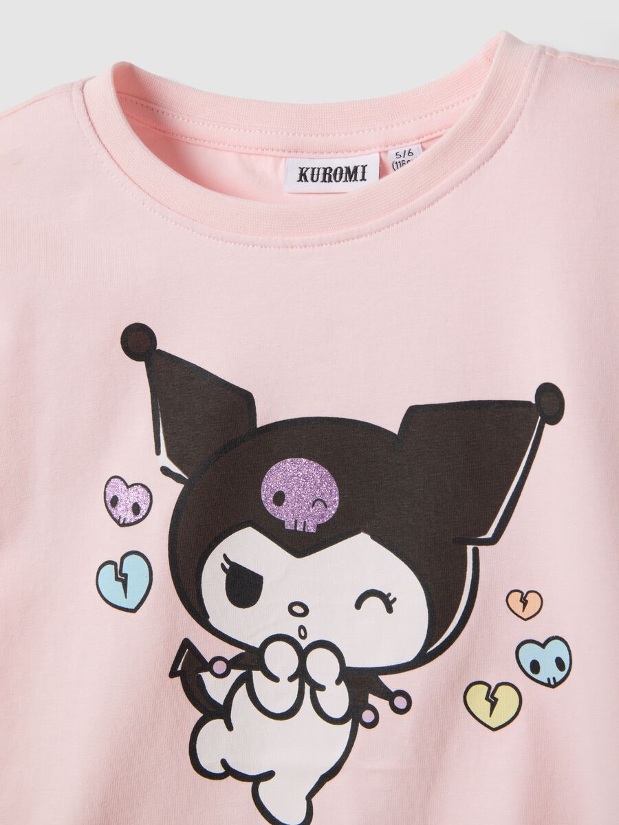 Pink stretch cotton girl's regular fit T-shirt with Kuromi_2