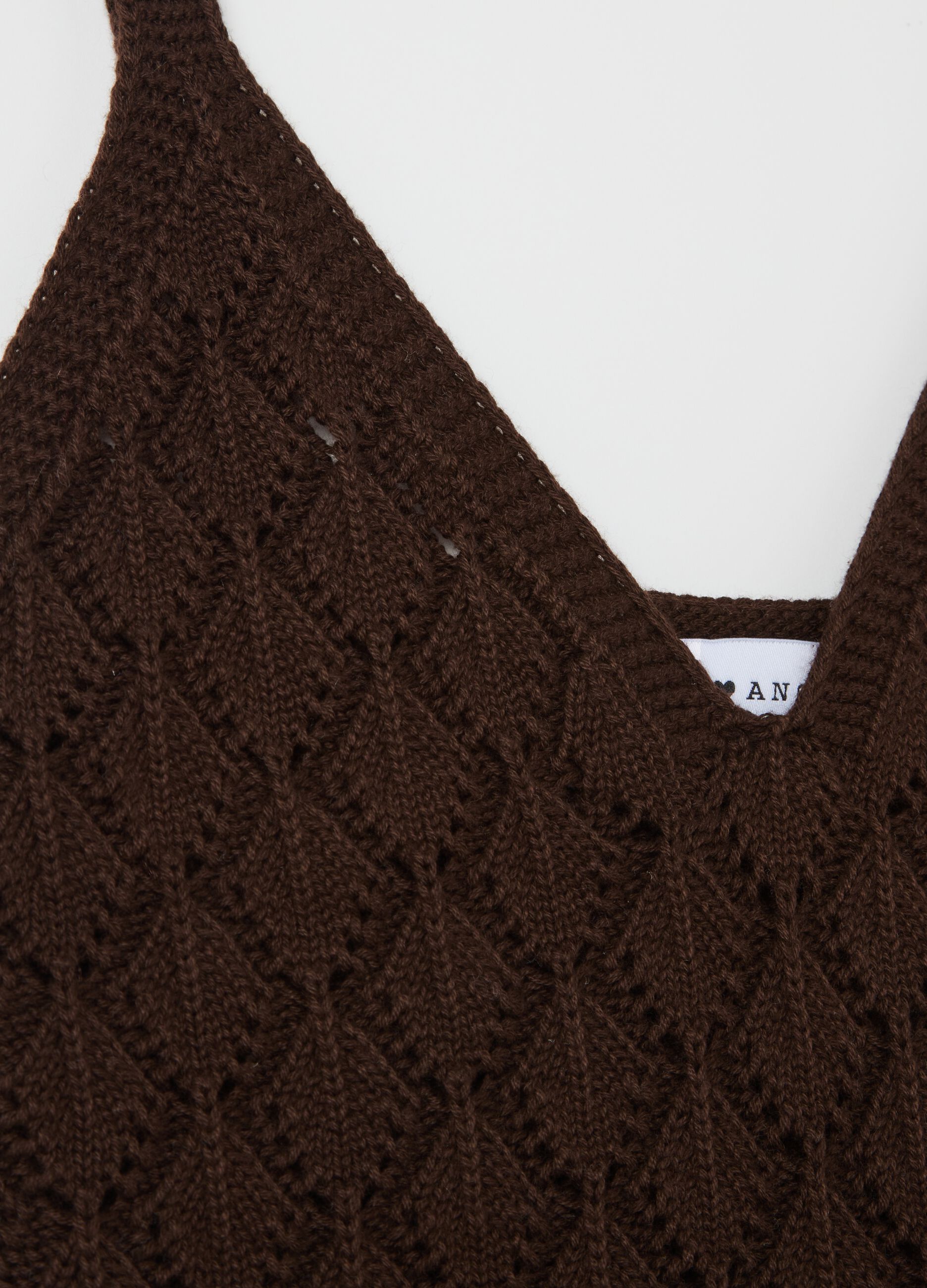 Top corto da donna in puro cotone marrone regular fit con maglia traforata
