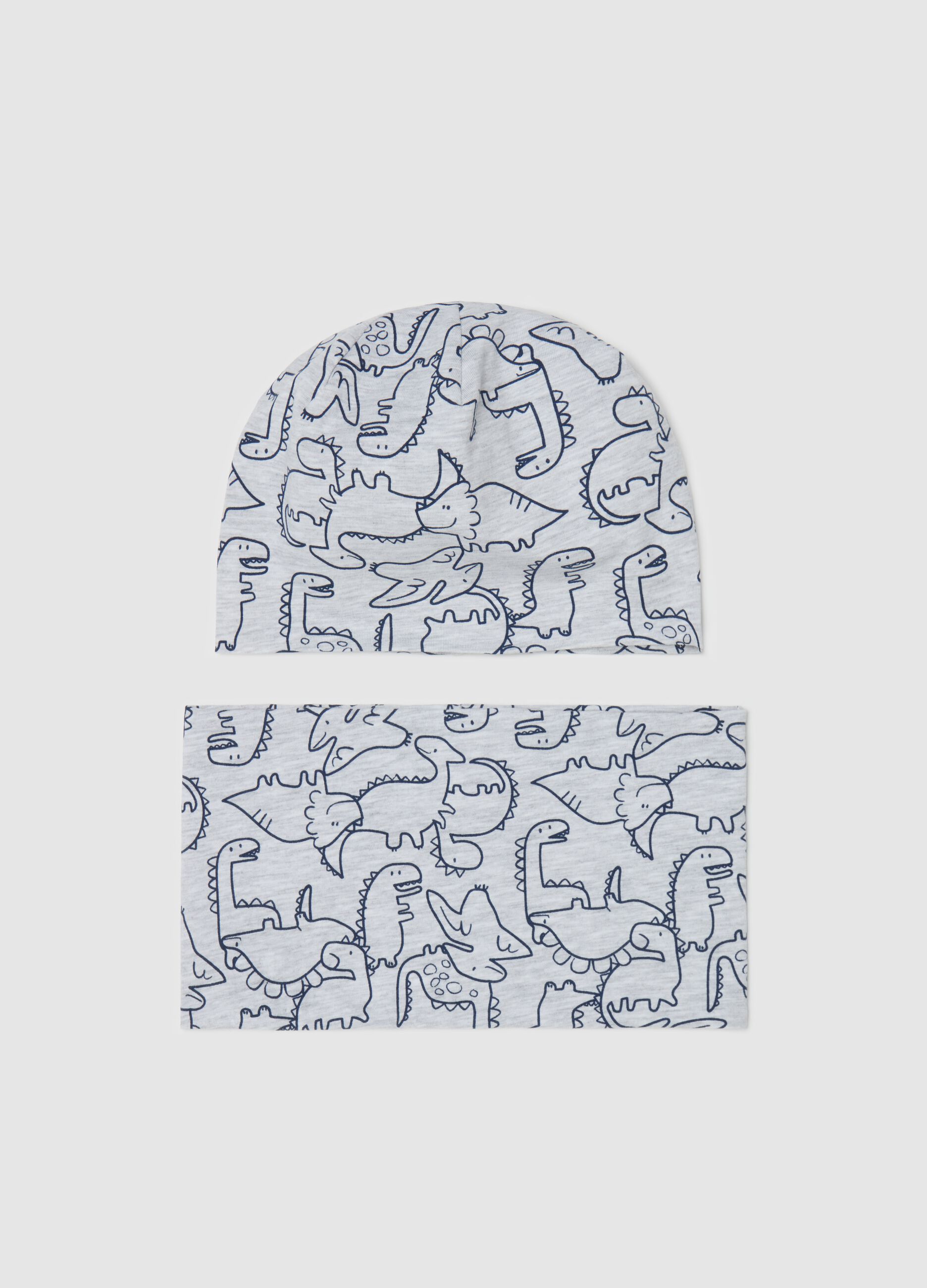 Hat and neck warmer set with dinosaurs print