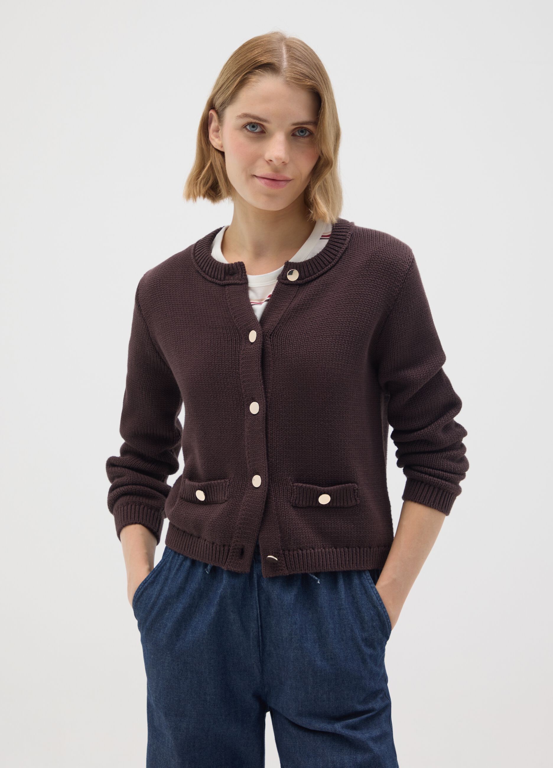 Brown pure cotton regular fit cardigan with buttons
