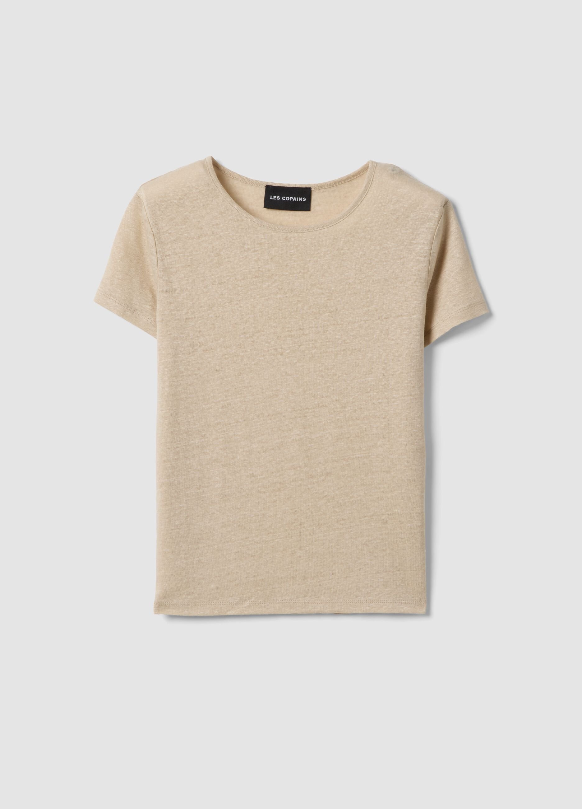Beige short-sleeve pure linen T-shirt, regular fit