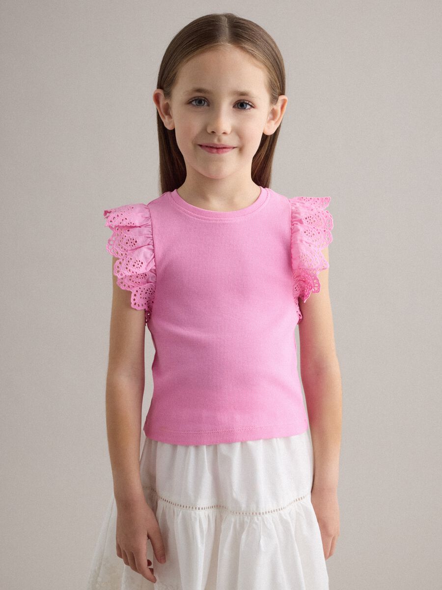 Girls&rsquo; pink stretch cotton vest top with ruffles_0