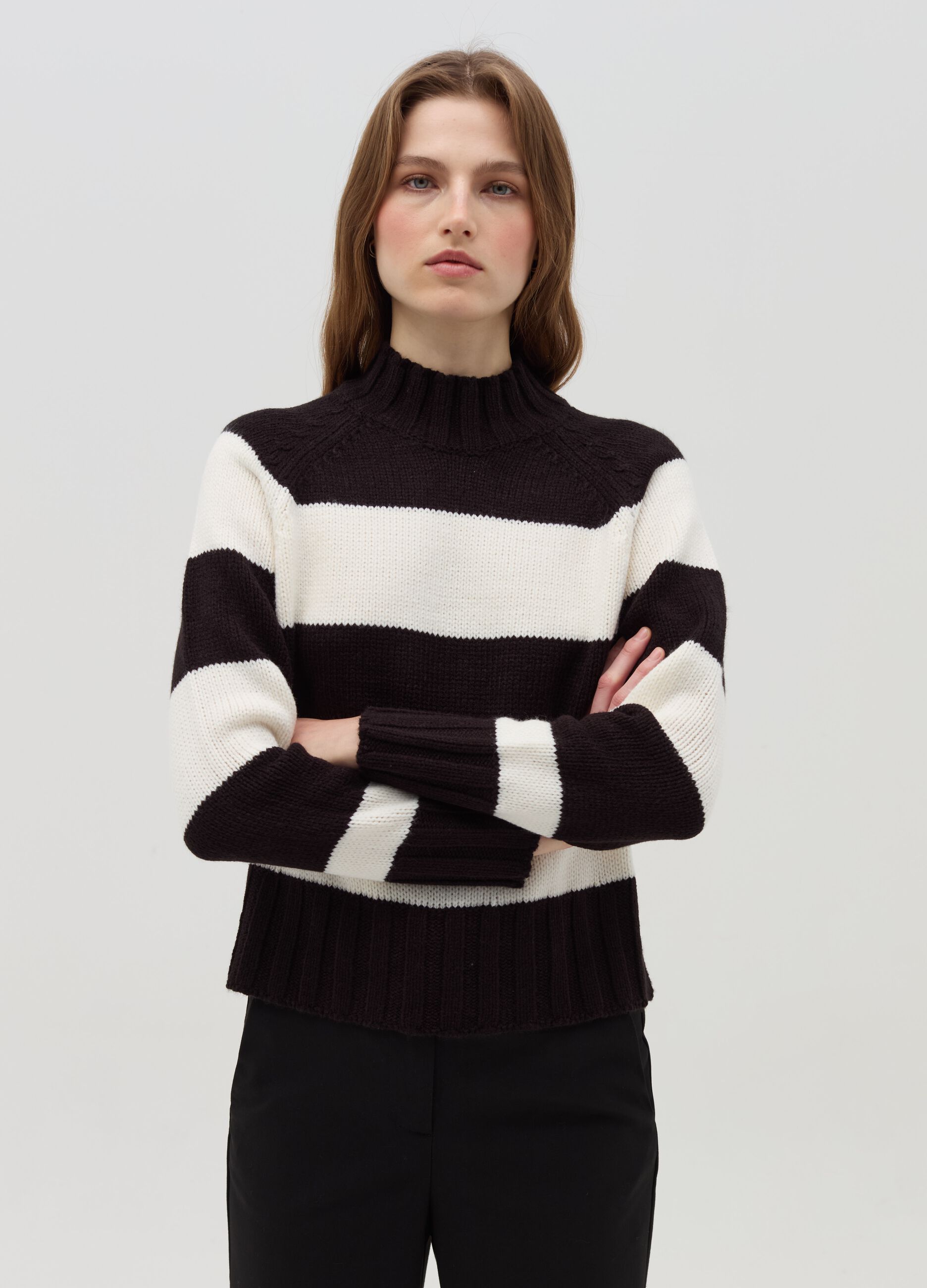 Striped knit top with mock neck