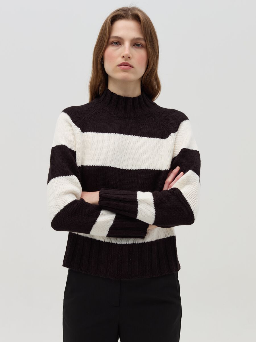 Striped knit top with mock neck_0