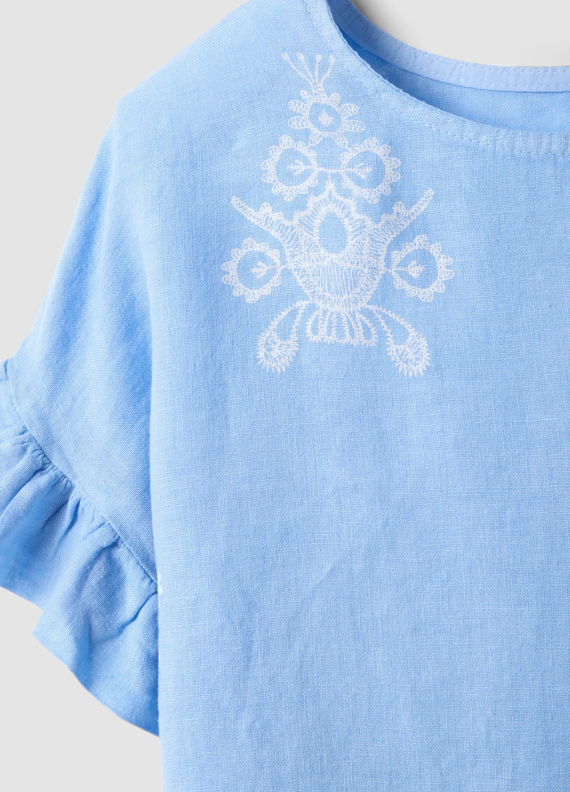 Light blue pure linen blouse with embroidery and ruffled sleeves, regular fit