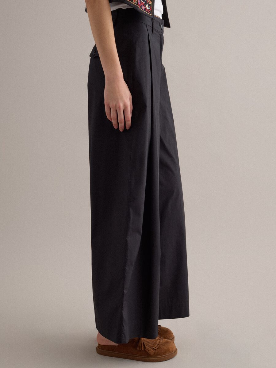 Black wide-leg pure cotton trousers_3