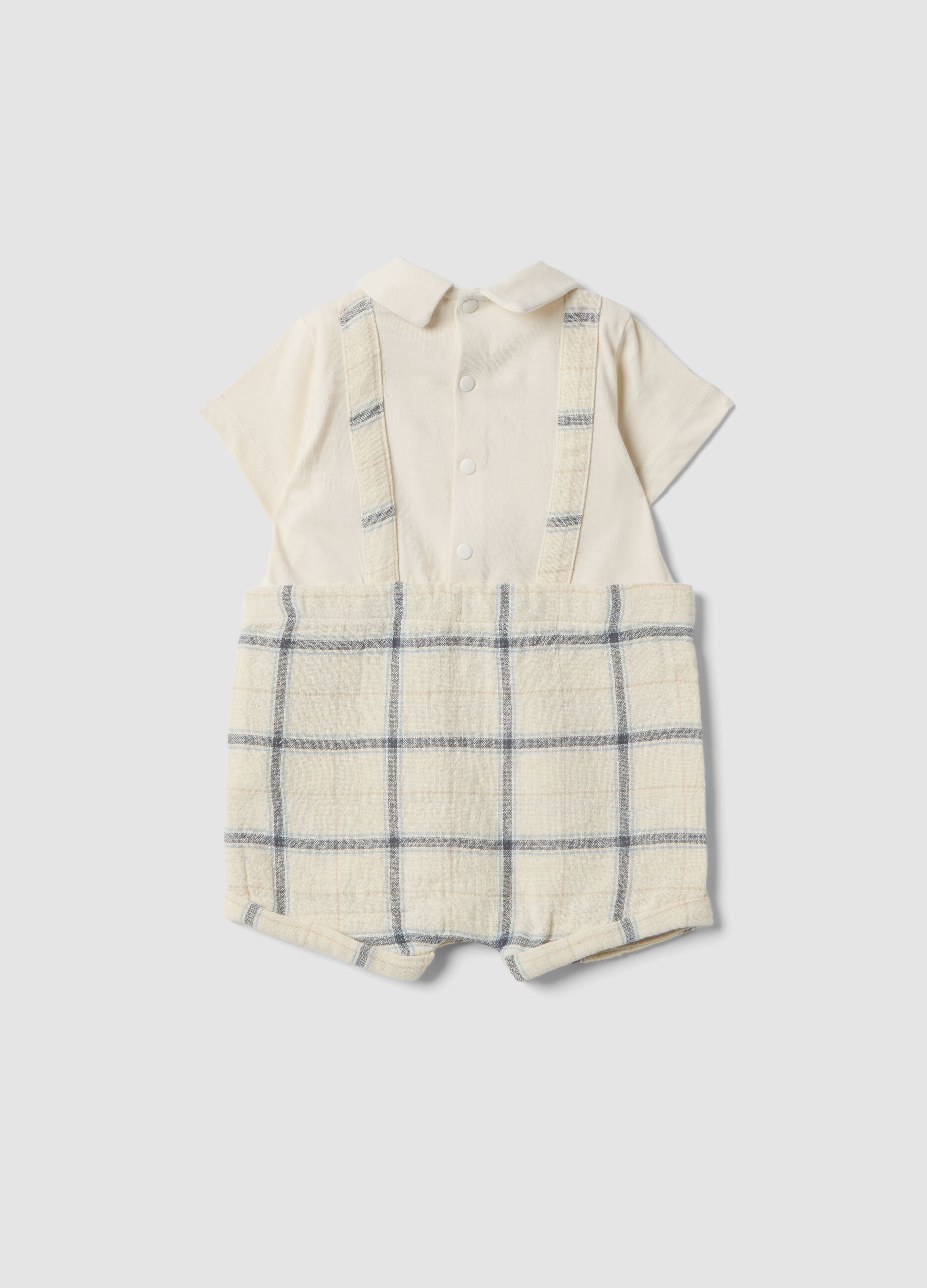 Beige pure cotton baby romper with checked pattern and collar