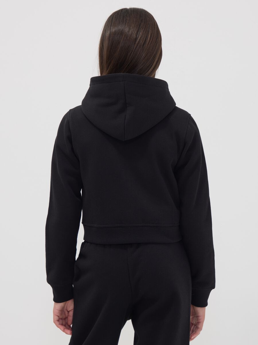 Black cotton-blend hooded zip hoodie for girls, regular fit_2