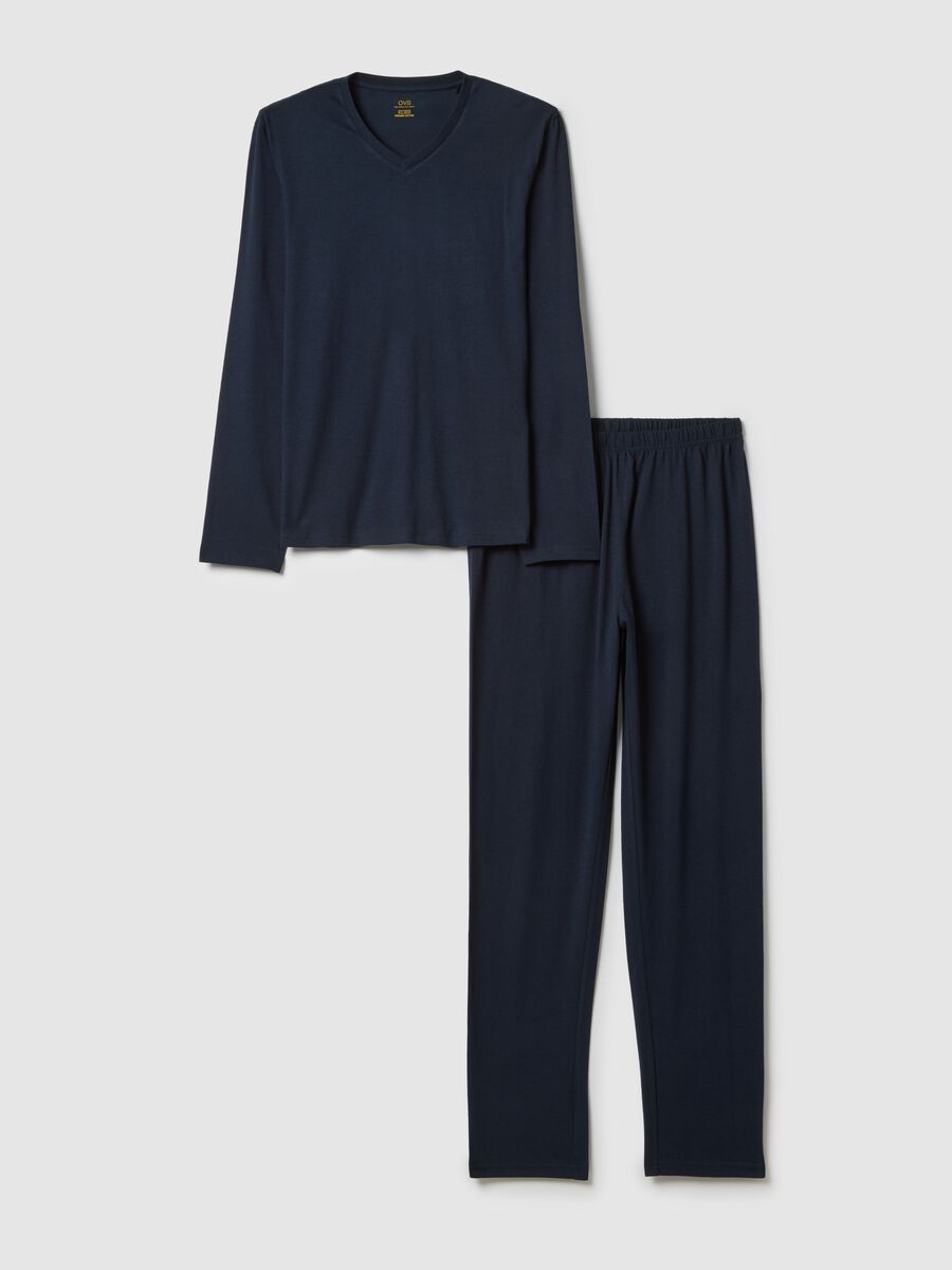 Blue long sleeve pyjamas with V-neck made of pure cotton, regular fit_4