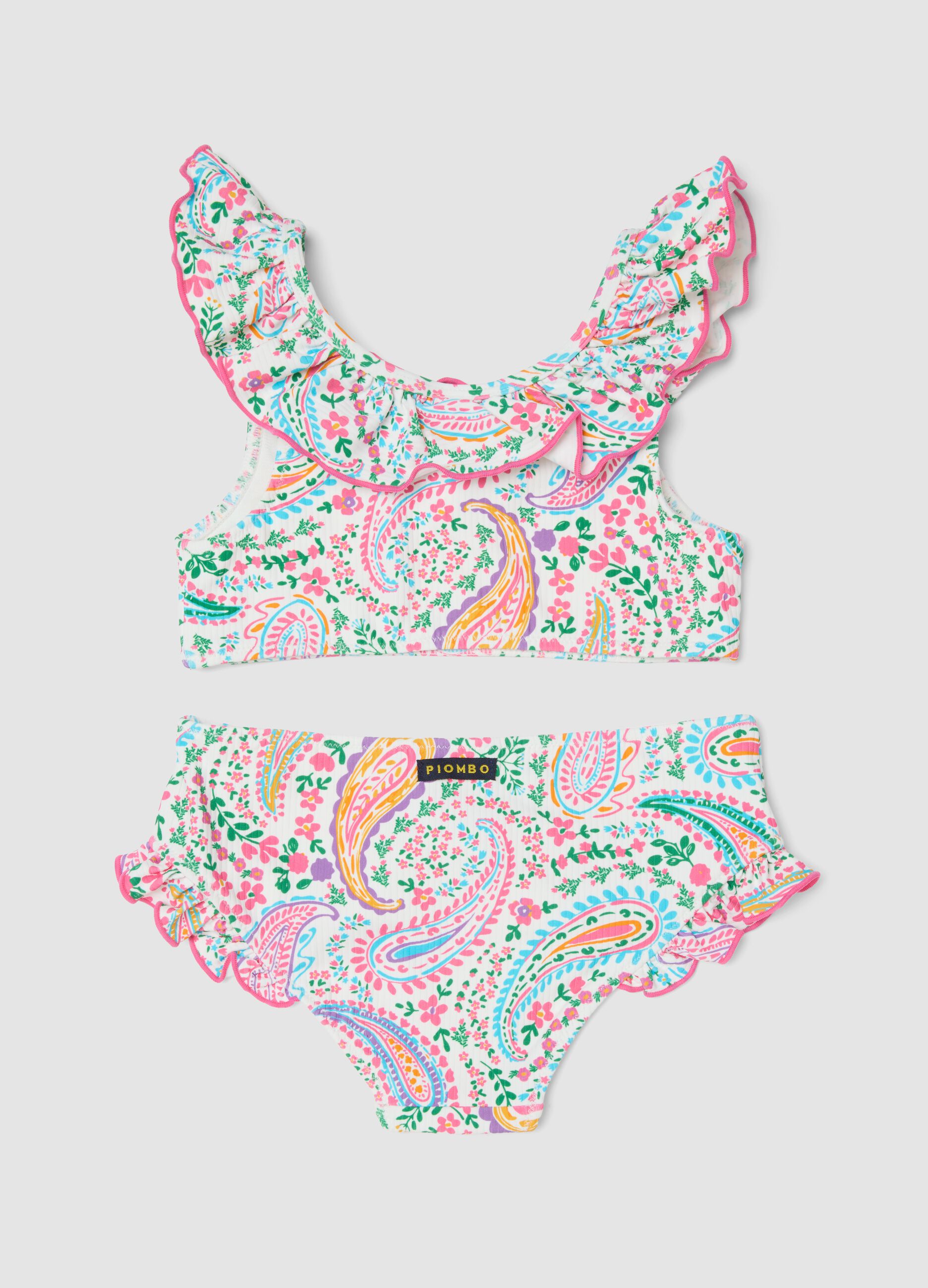 Bikini multicolor in tessuto elasticizzato con volant