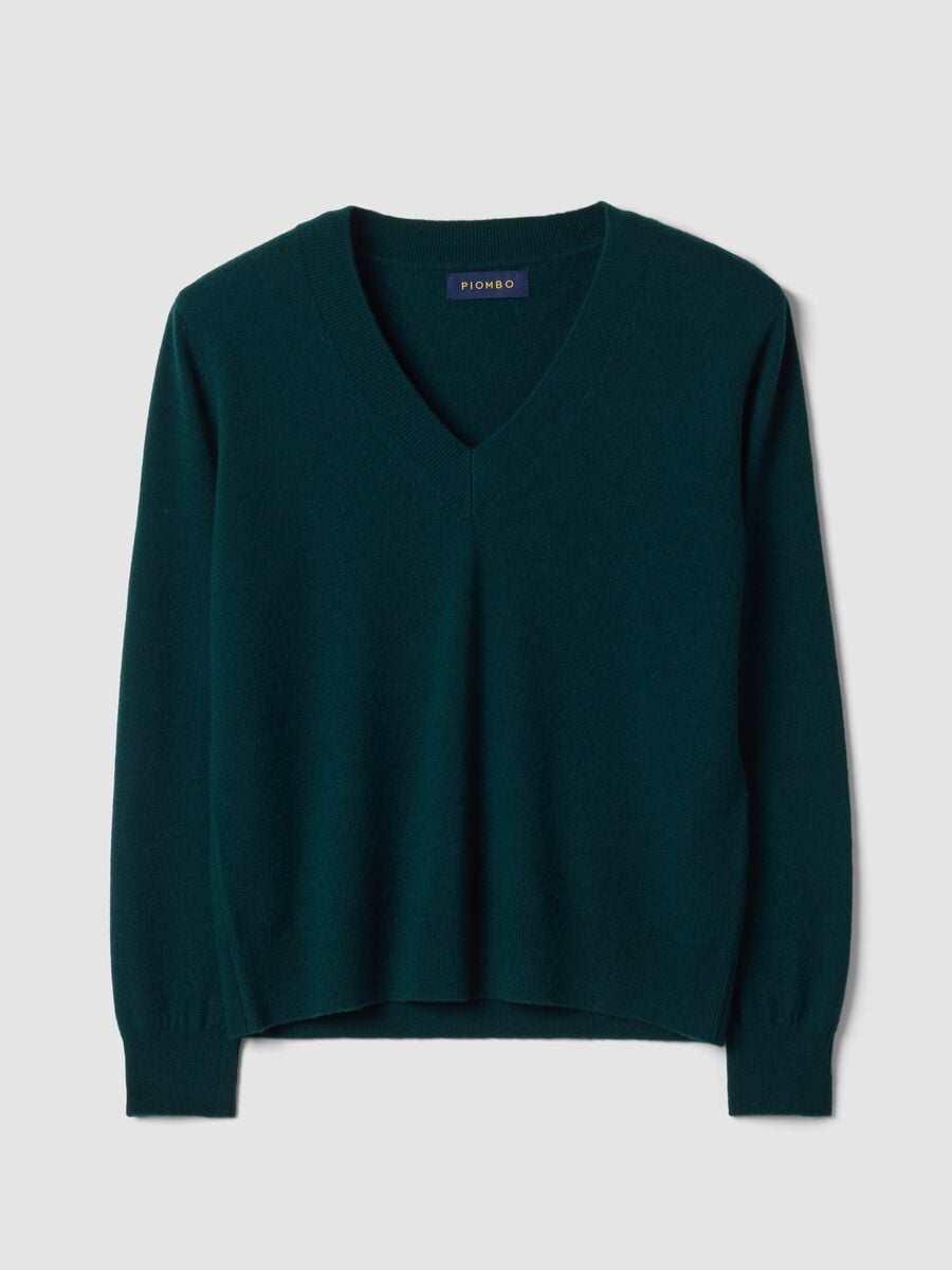 Green pure wool jumper with deep V-neck_0