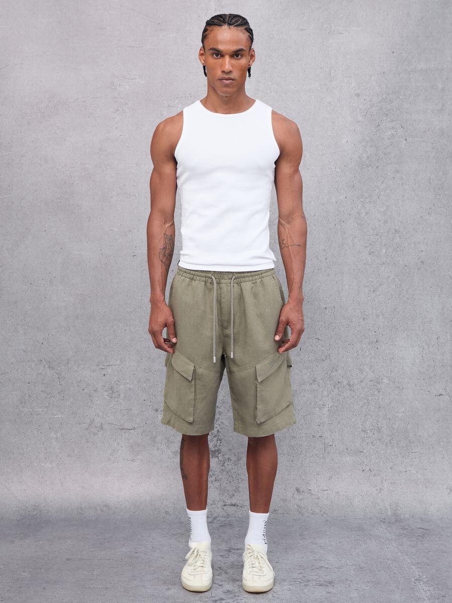 100% Linen Cargo Shorts Military Green_1