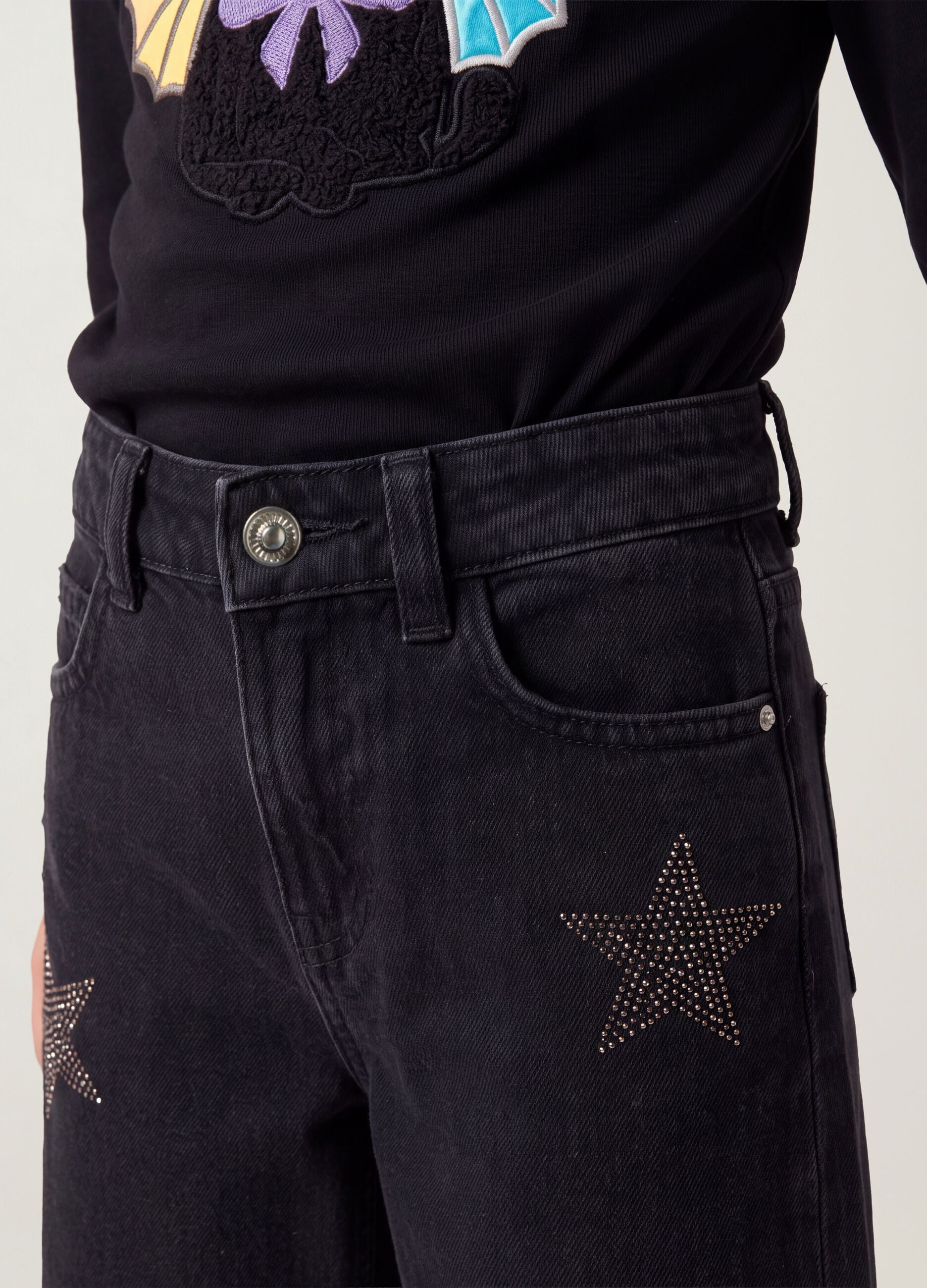 Blue wide-leg pure cotton jeans with star details