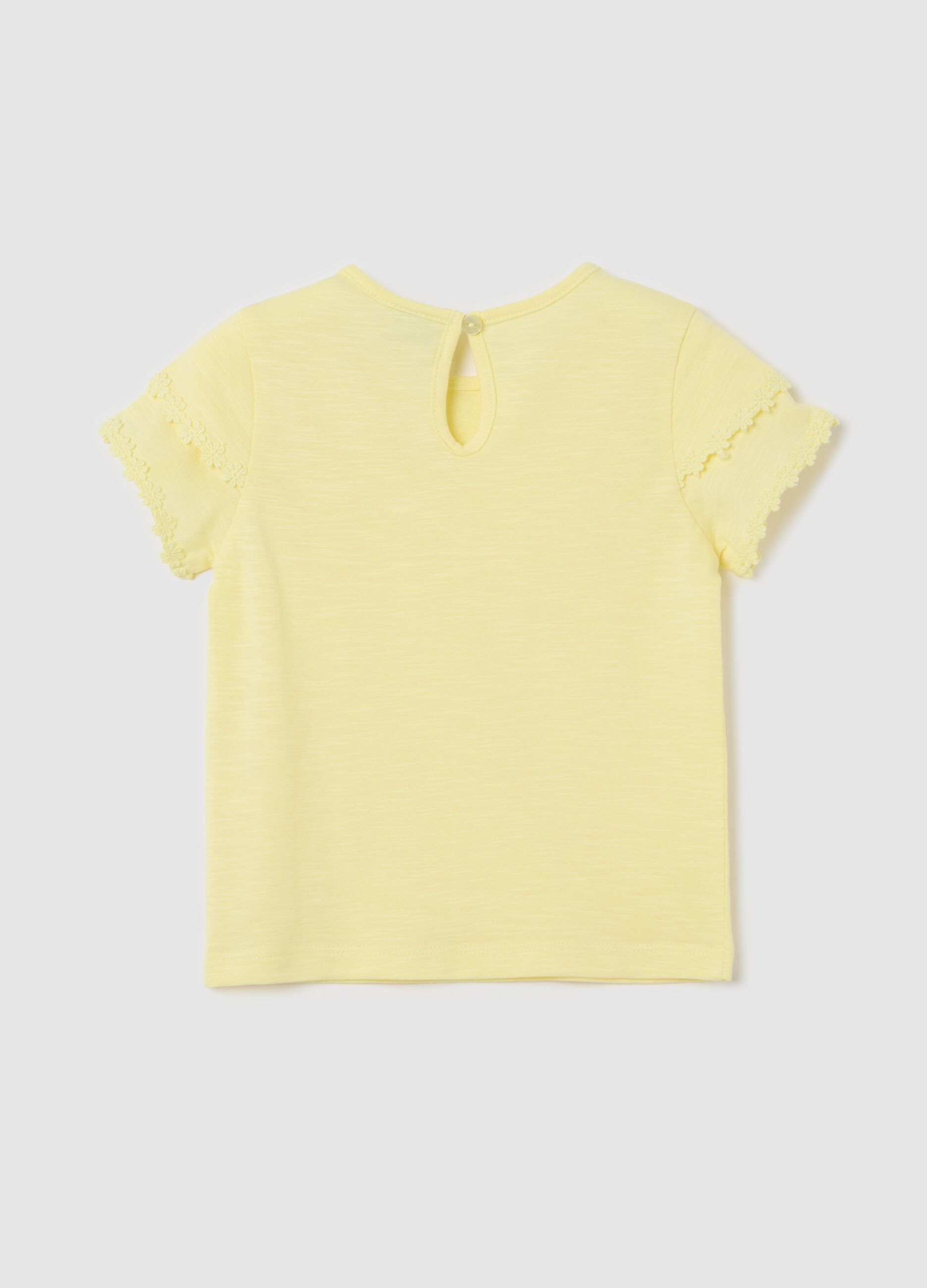 Yellow cotton T-shirt with crochet flowers