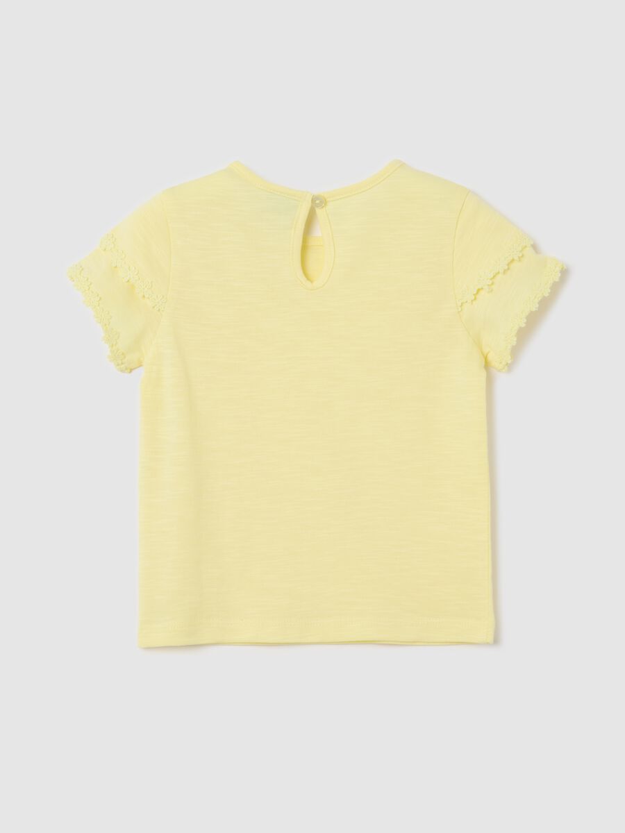 Yellow cotton T-shirt with crochet flowers_1