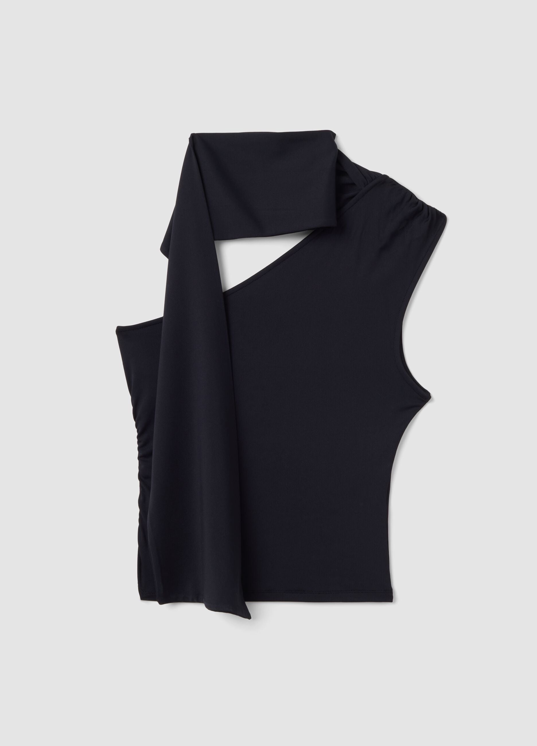 Black stretch top with asymmetric neckline and draped band