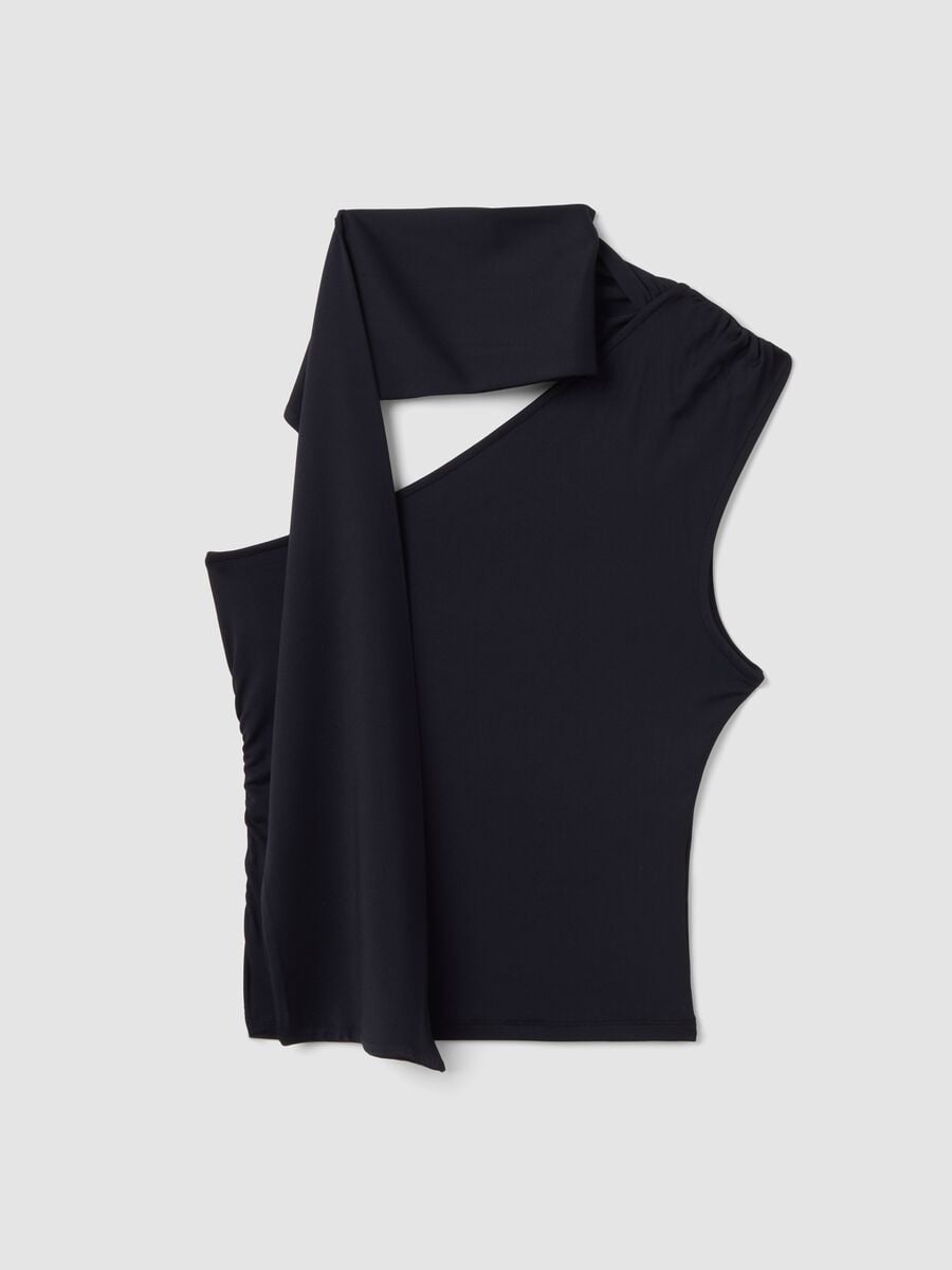 Black stretch top with asymmetric neckline and draped band_4