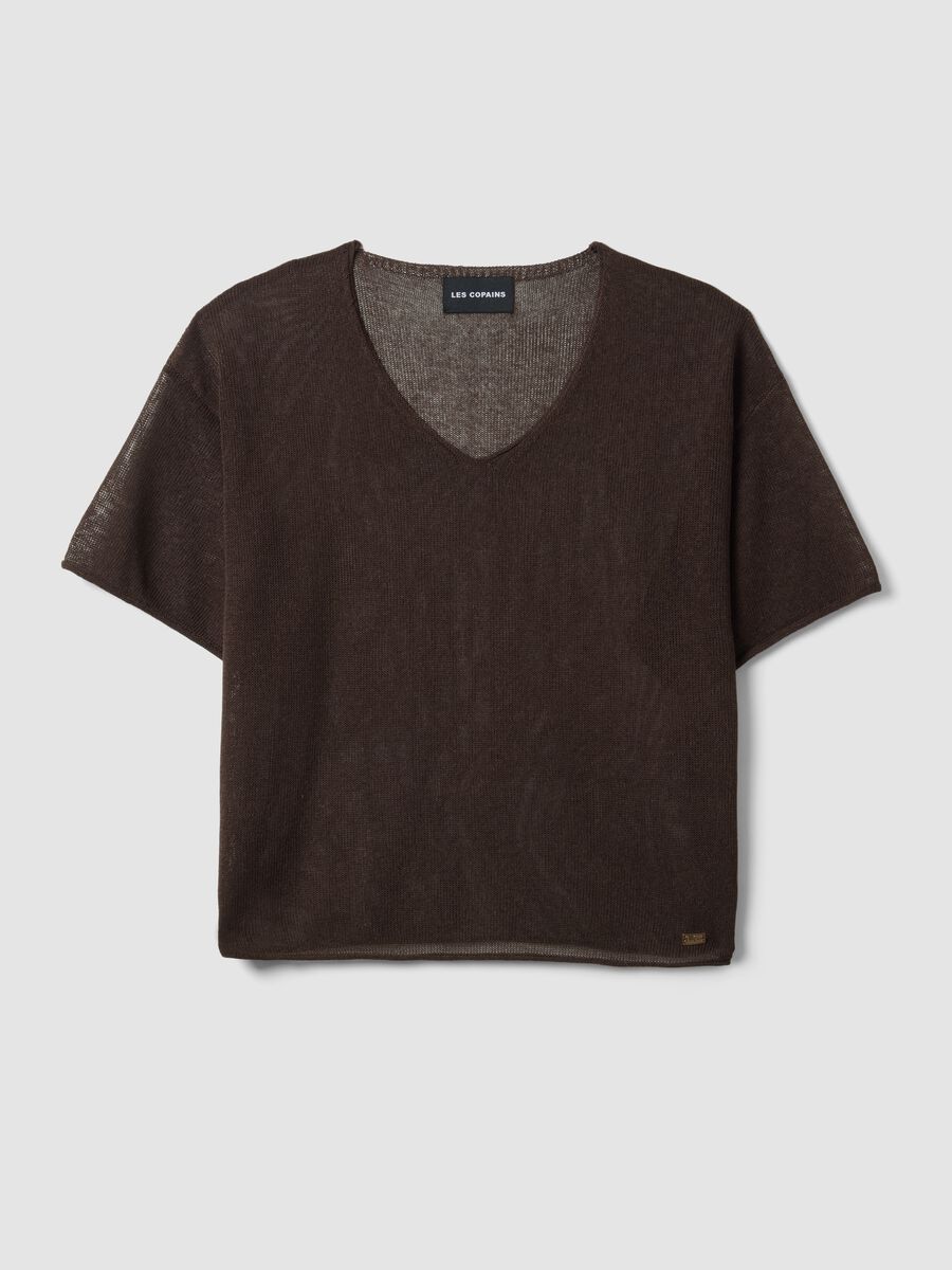 Brown oversized fit V-neck lyocell and linen blend sweater_0