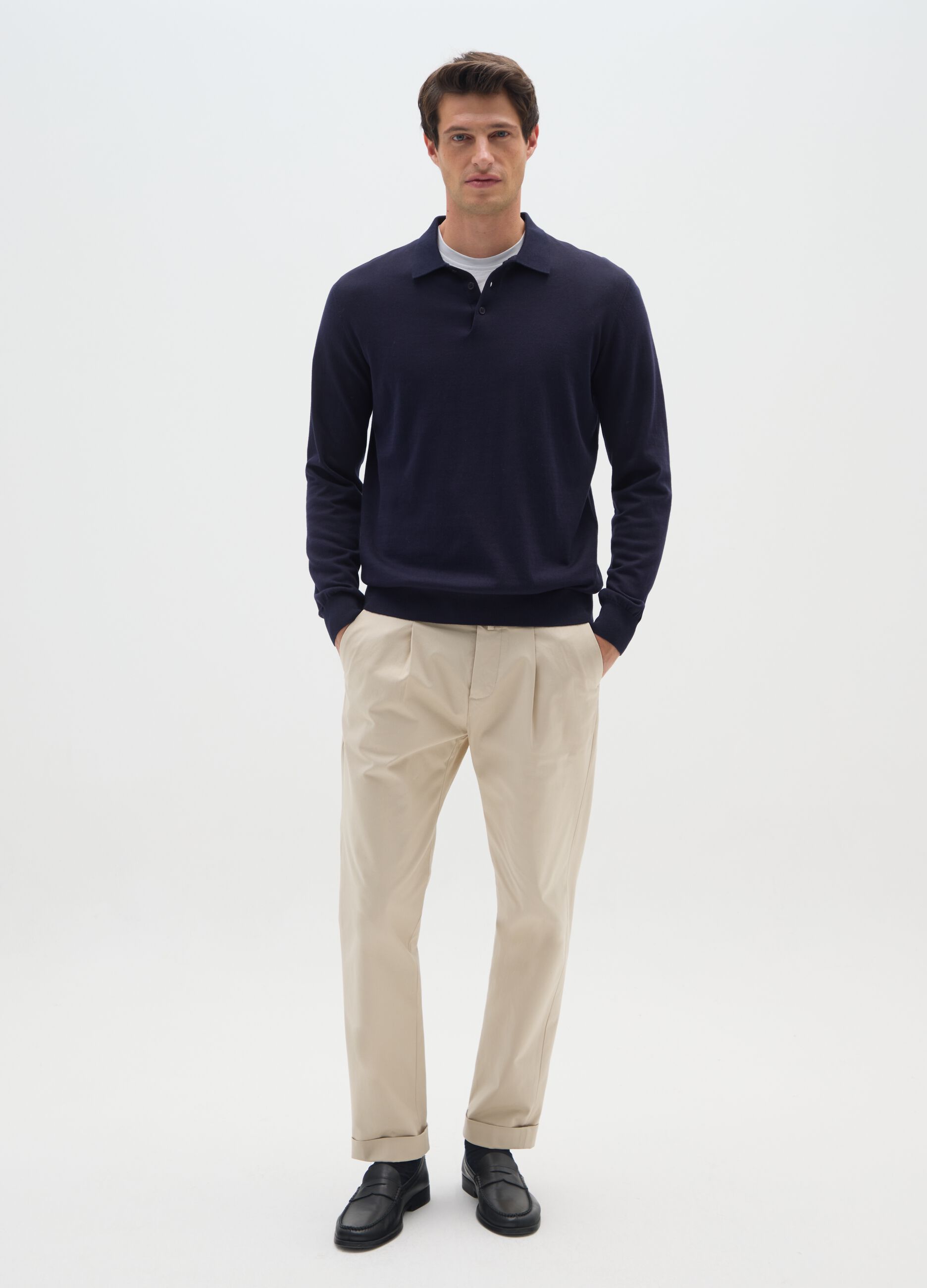 Polo a maniche lunghe in misto cotone e seta blu regular fit