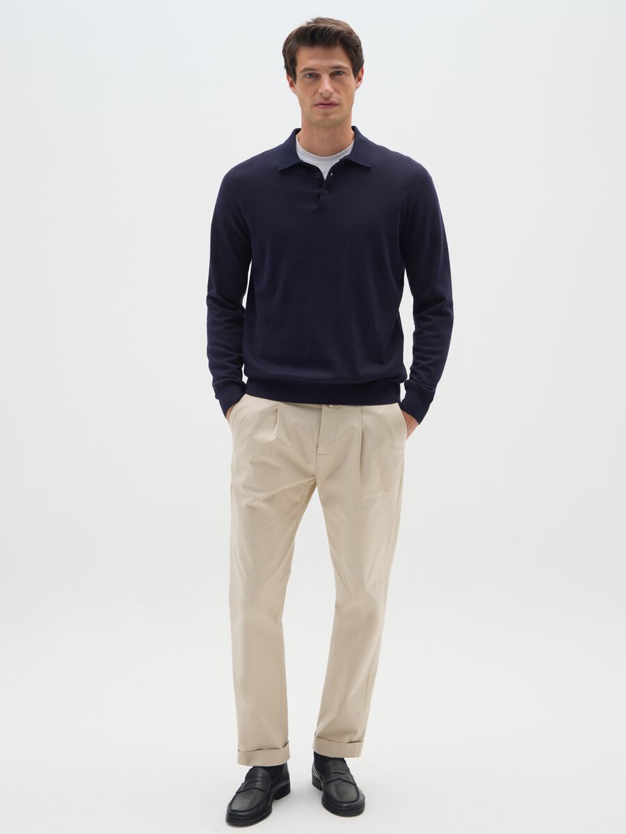 Polo a maniche lunghe in misto cotone e seta blu regular fit_1