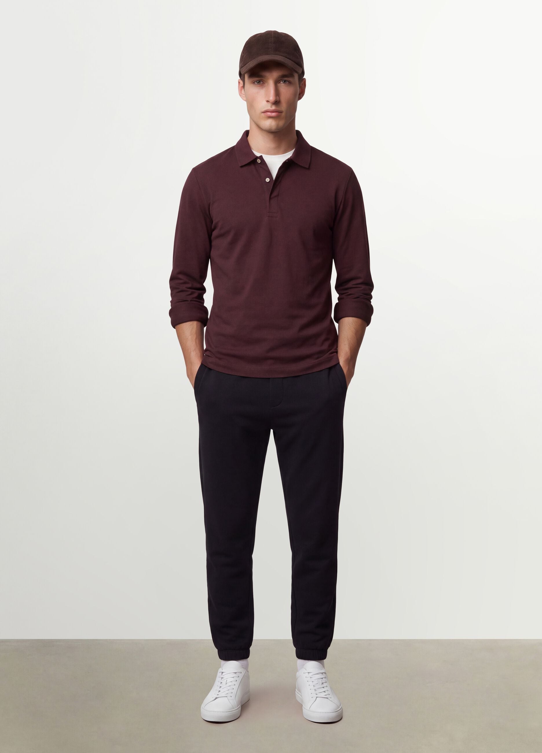 Men&rsquo;s brown regular-fit long-sleeve stretch cotton polo shirt