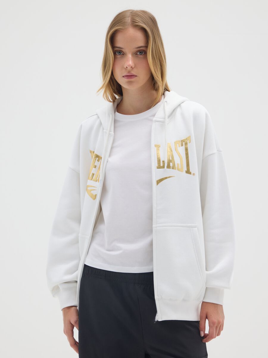 Felpa bianca con cappuccio in misto cotone con zip e stampa_0