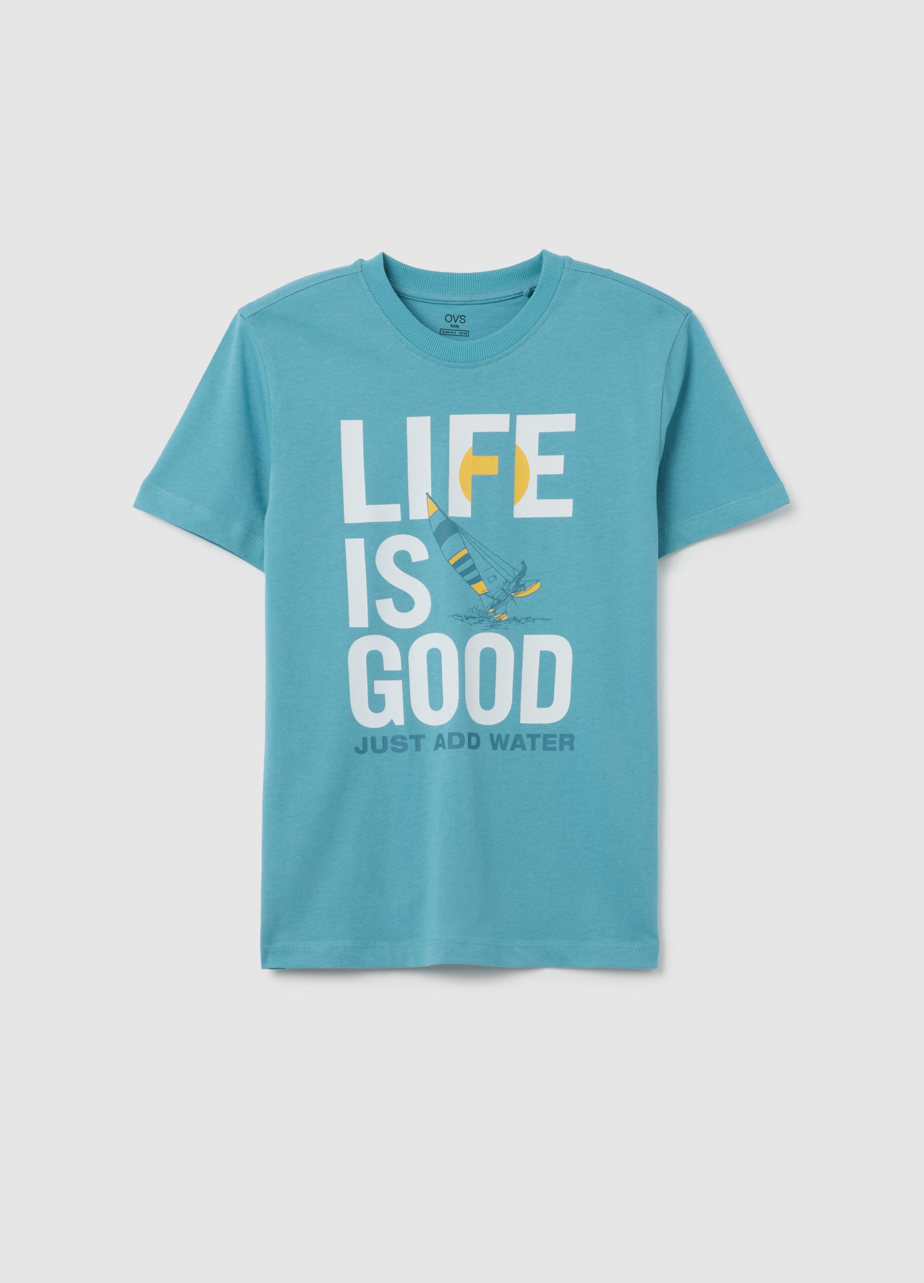 T-shirt da ragazzo in puro cotone azzurra regular fit con stampa