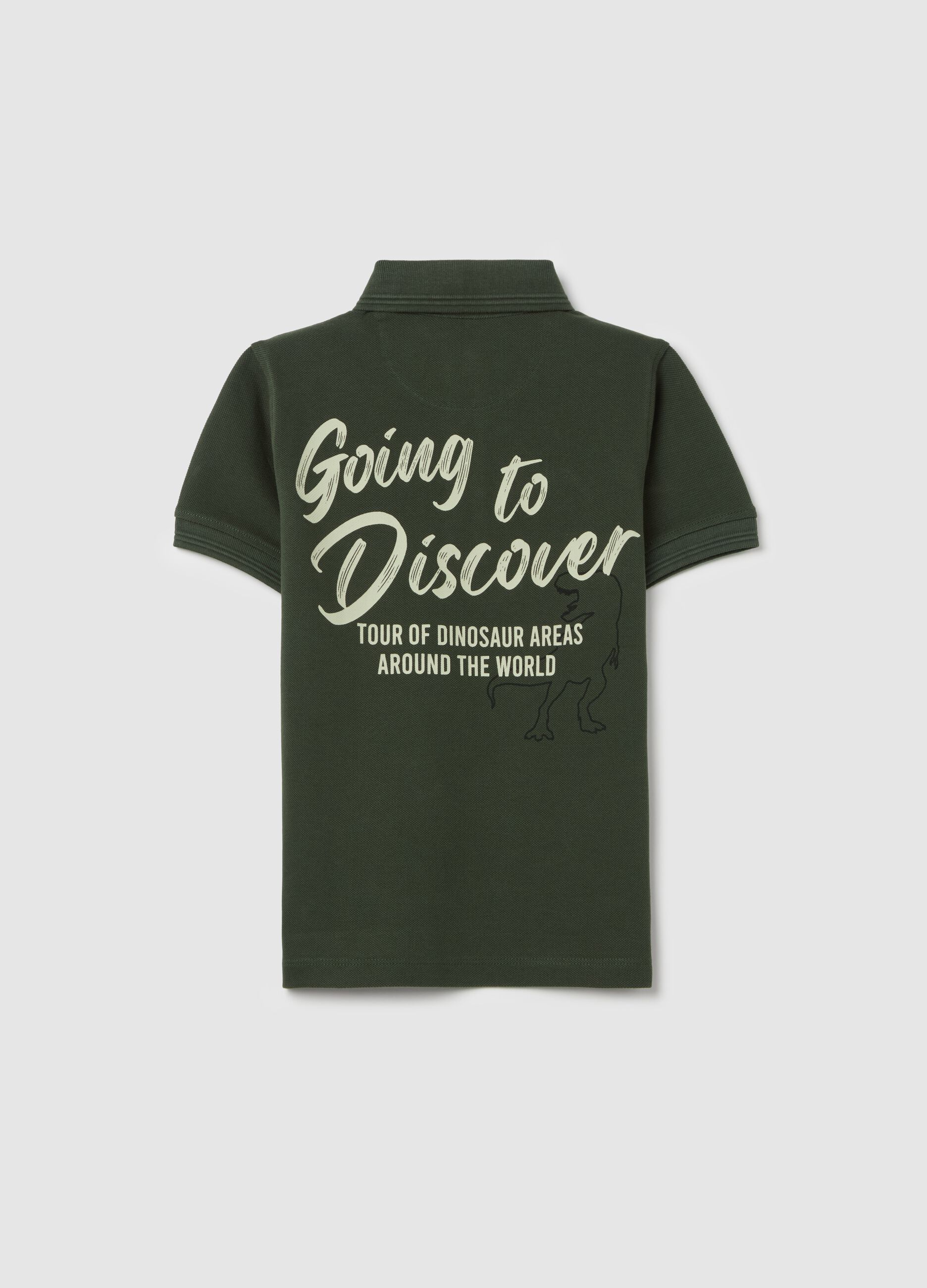 Piquet polo shirt with patch and "Going to Discover" print