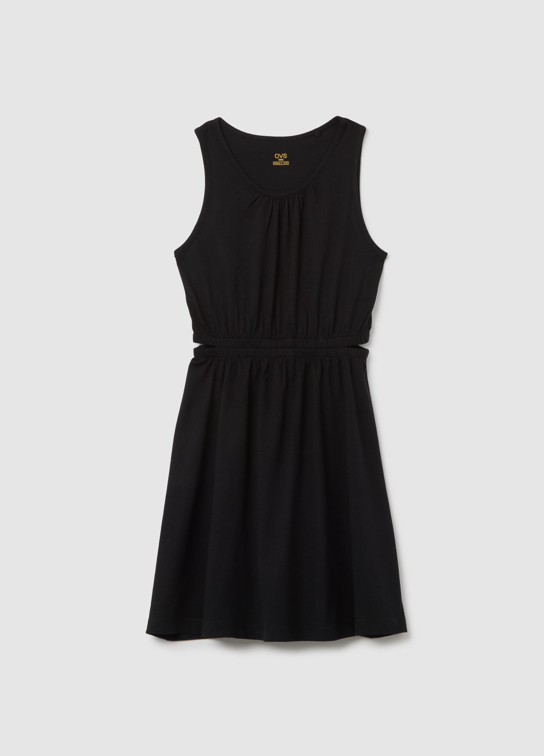 Girl's sleeveless black regular fit dress in pure cotton