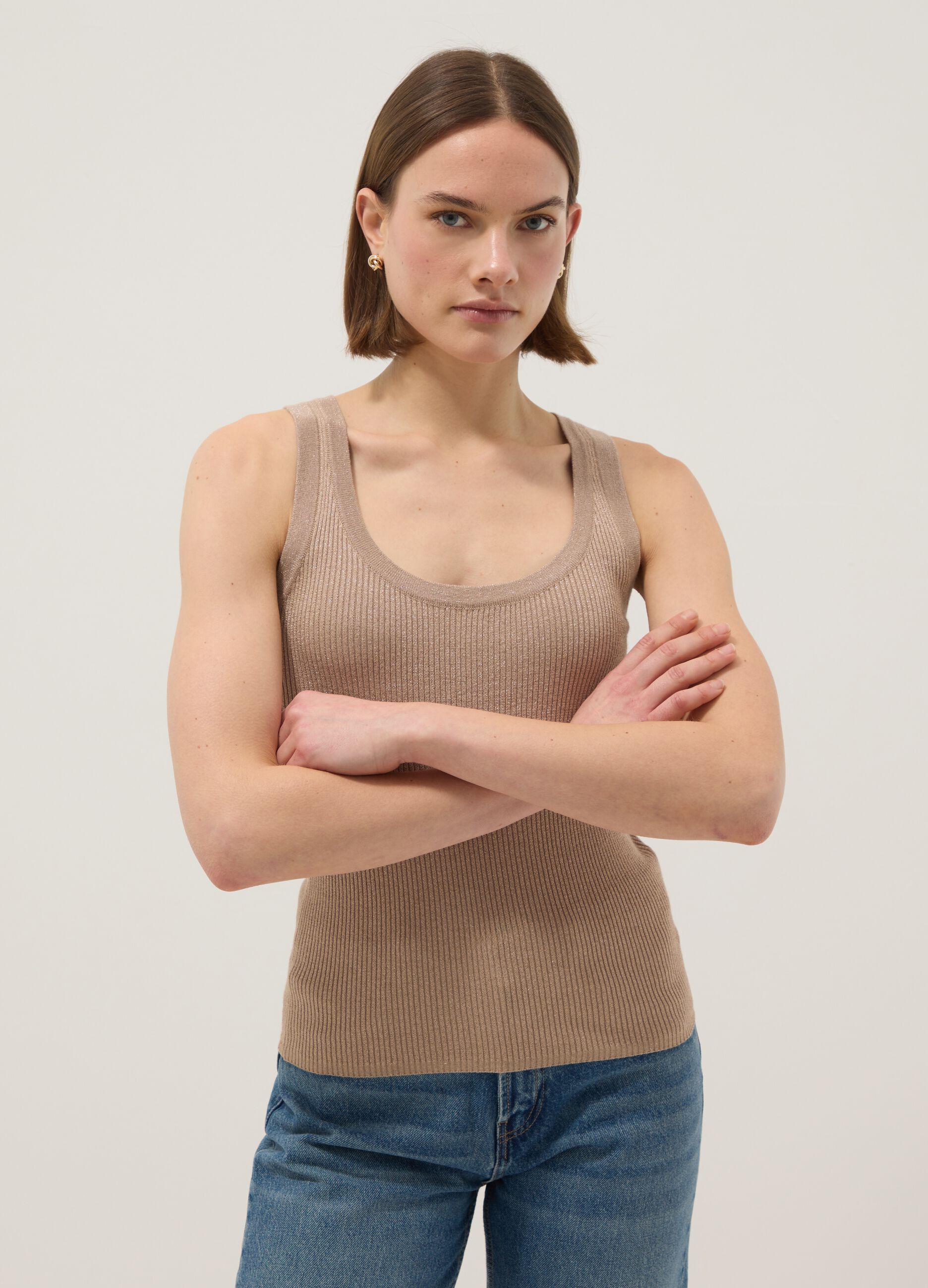 Beige viscose blend fitted tank top