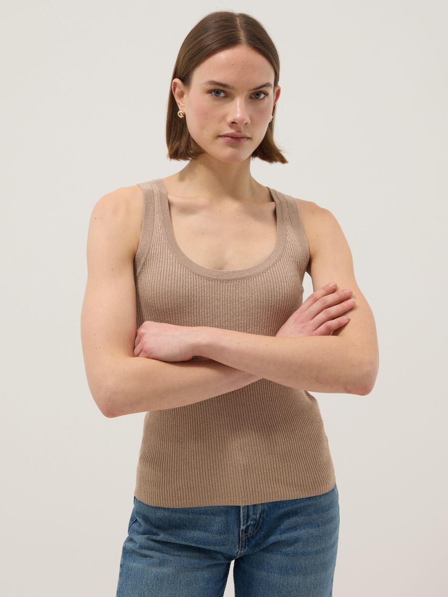 Beige viscose blend fitted tank top_0