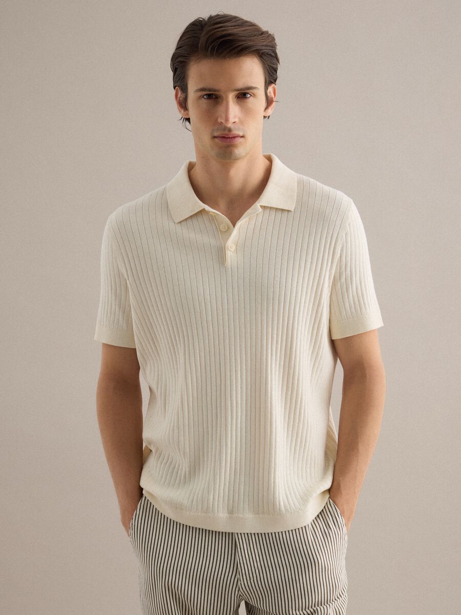 Short-sleeved white striped polo in pure cotton regular fit_0
