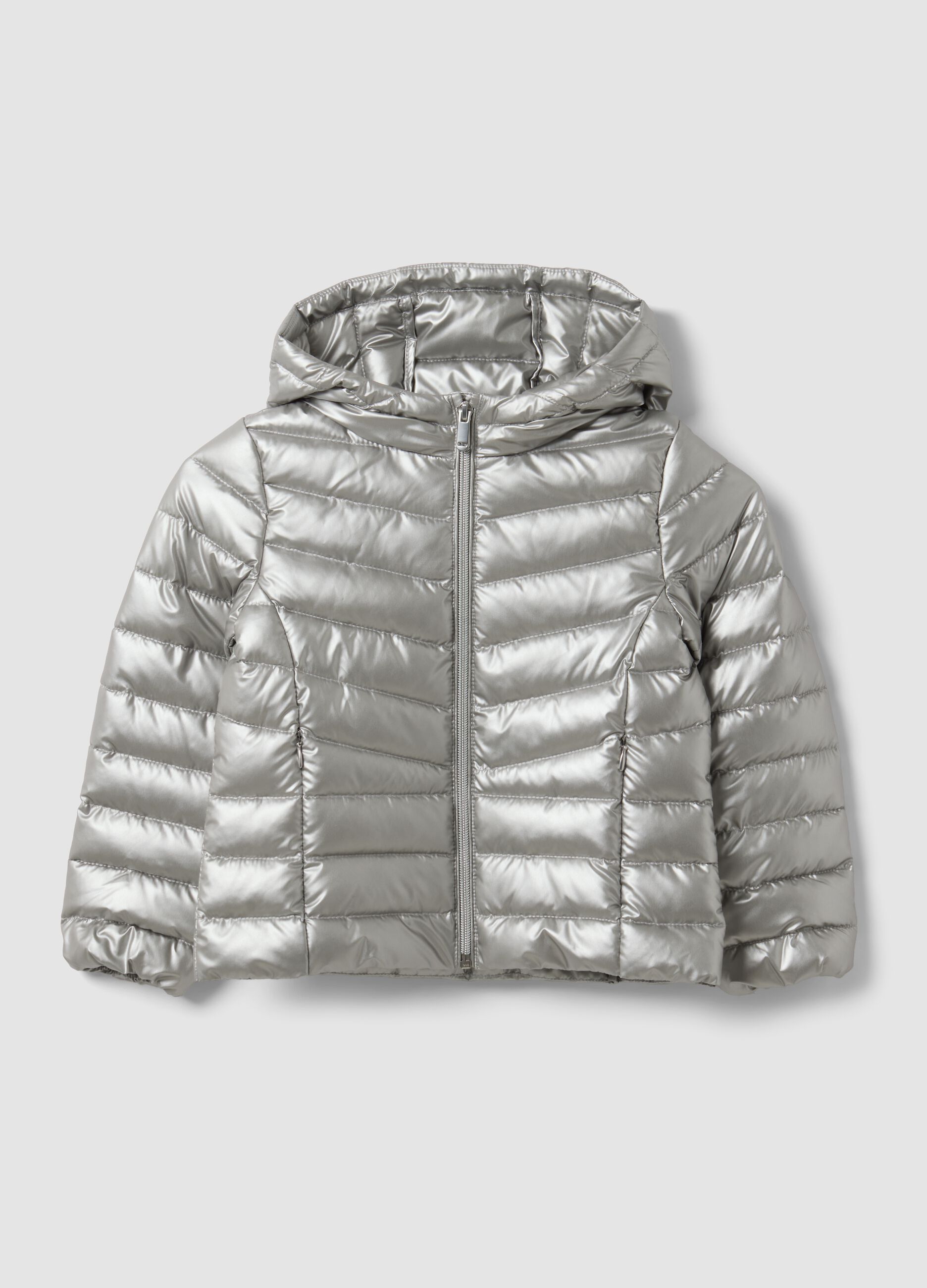 Ultralight Grey Hooded Zip-Up Puffer Jacket for Girls