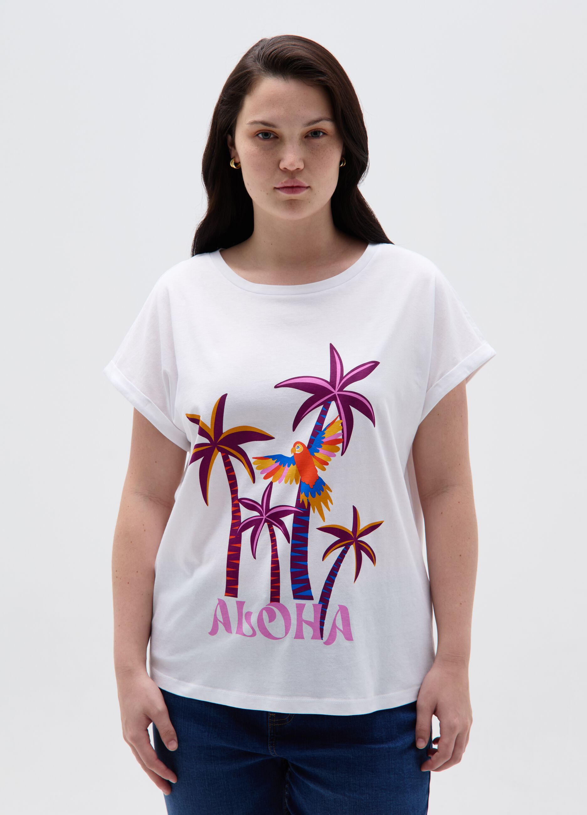 T-shirt con stampa tropicale Curvy